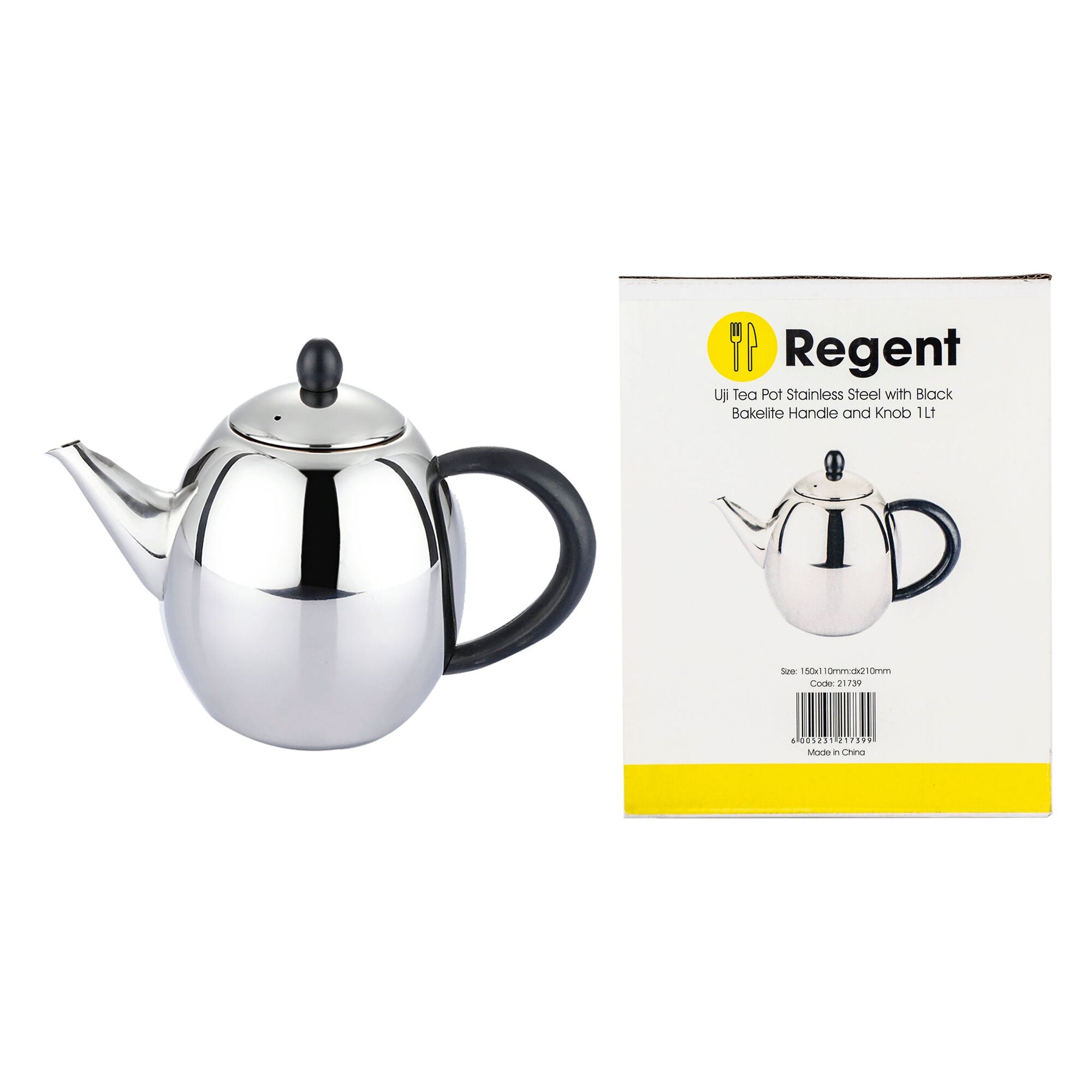 REGENT UJI TEAPOT S/STEEL WITH BLACK BAKELITE HANDLE & KNOB, 1LT (150/110MM DIAX210MM)