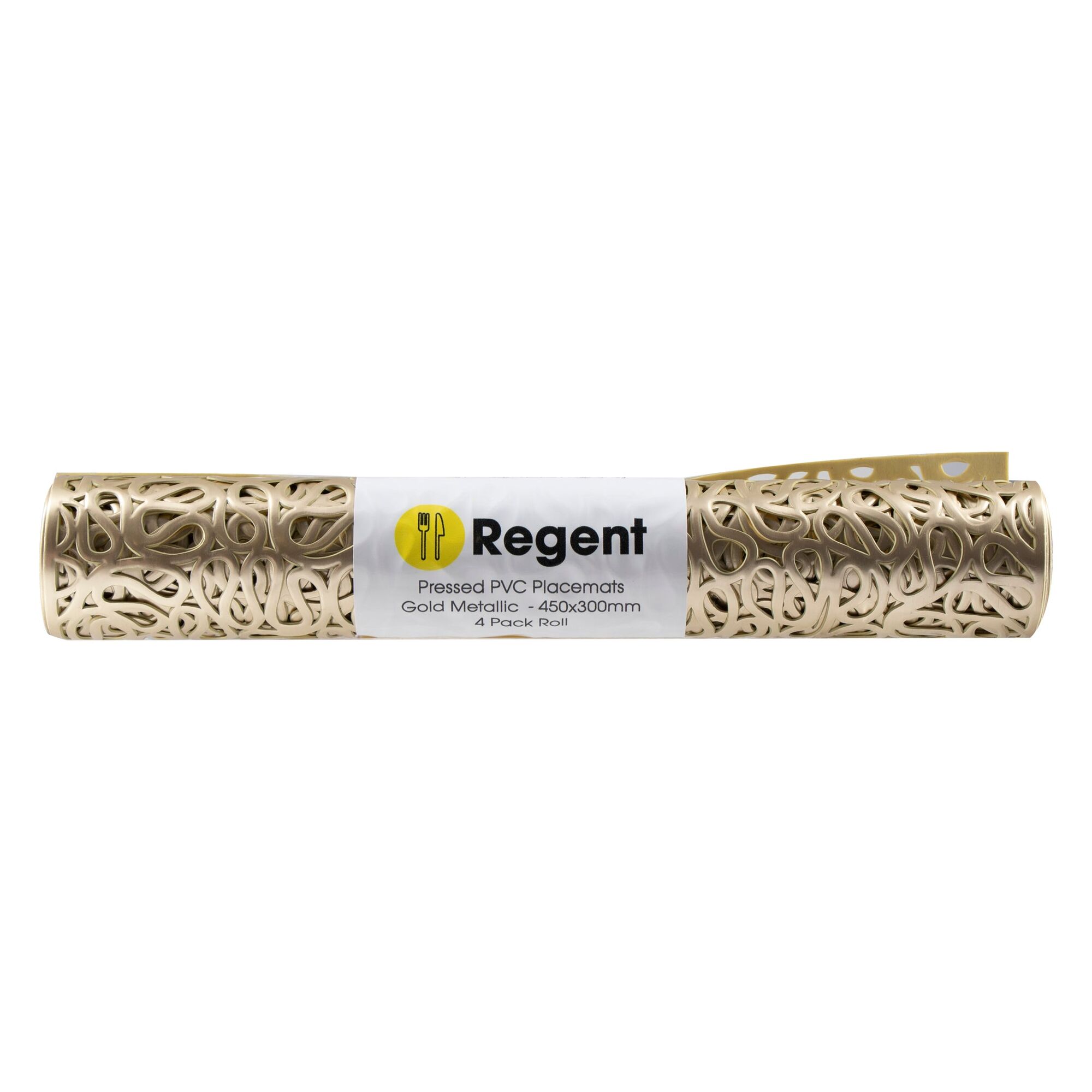 REGENT PLACE MATS PRESSED GOLD PVC 4PK ROLL, 300X450MM