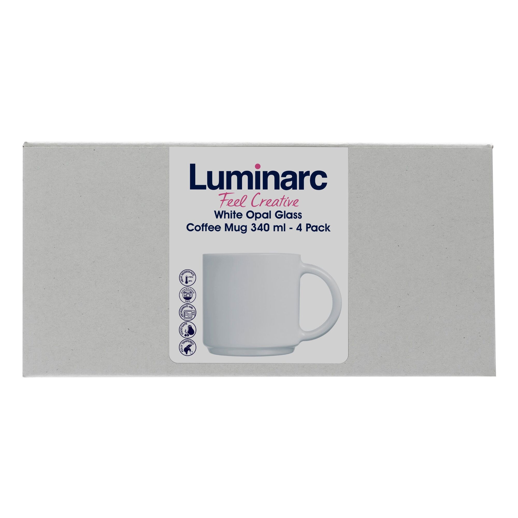 LUMINARC WHITE OPAL GLASS STACKING COFFEE MUG 4PK, 340ML