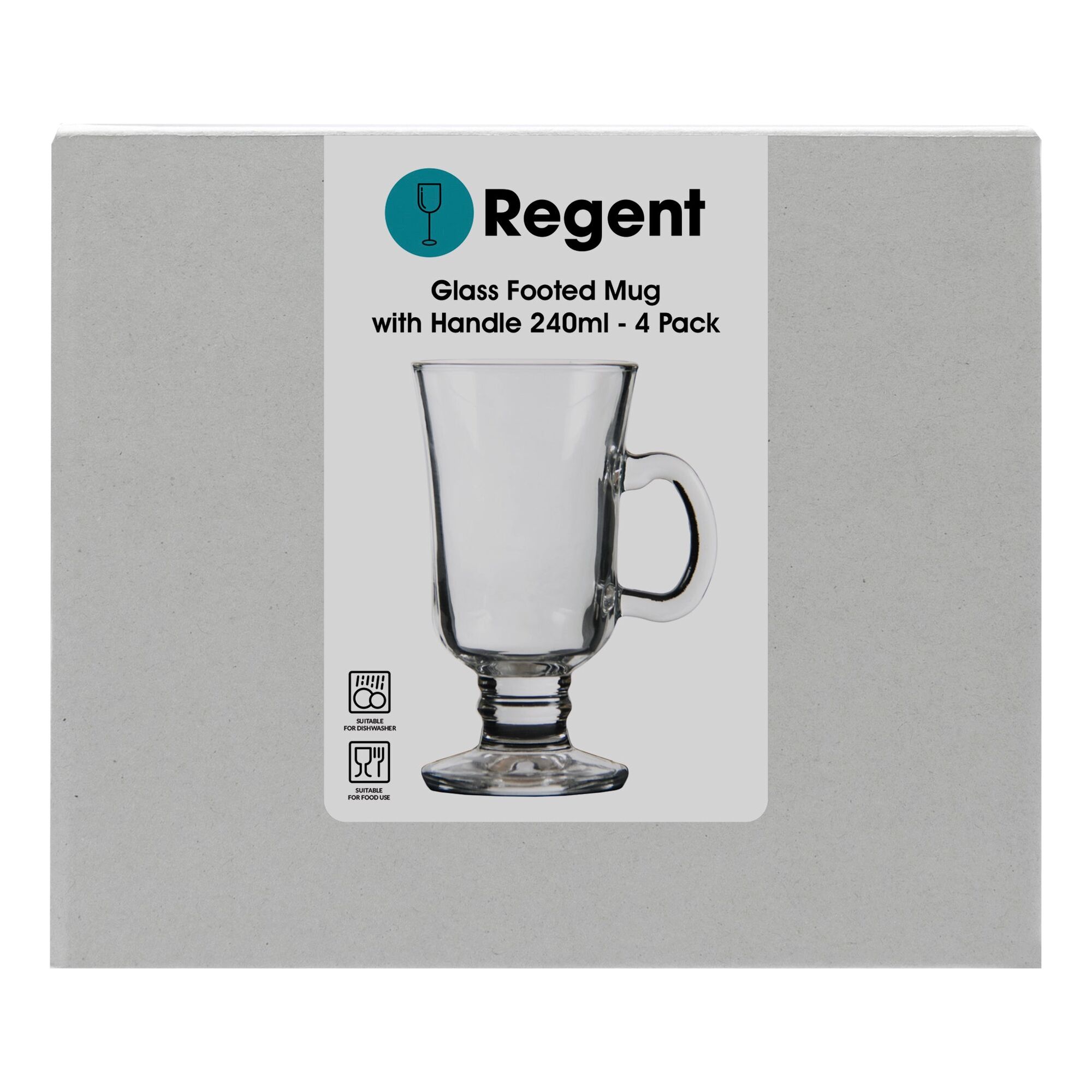 REGENT GLASS FOOTED MUG WITH HANDLE 4PK, 240ML