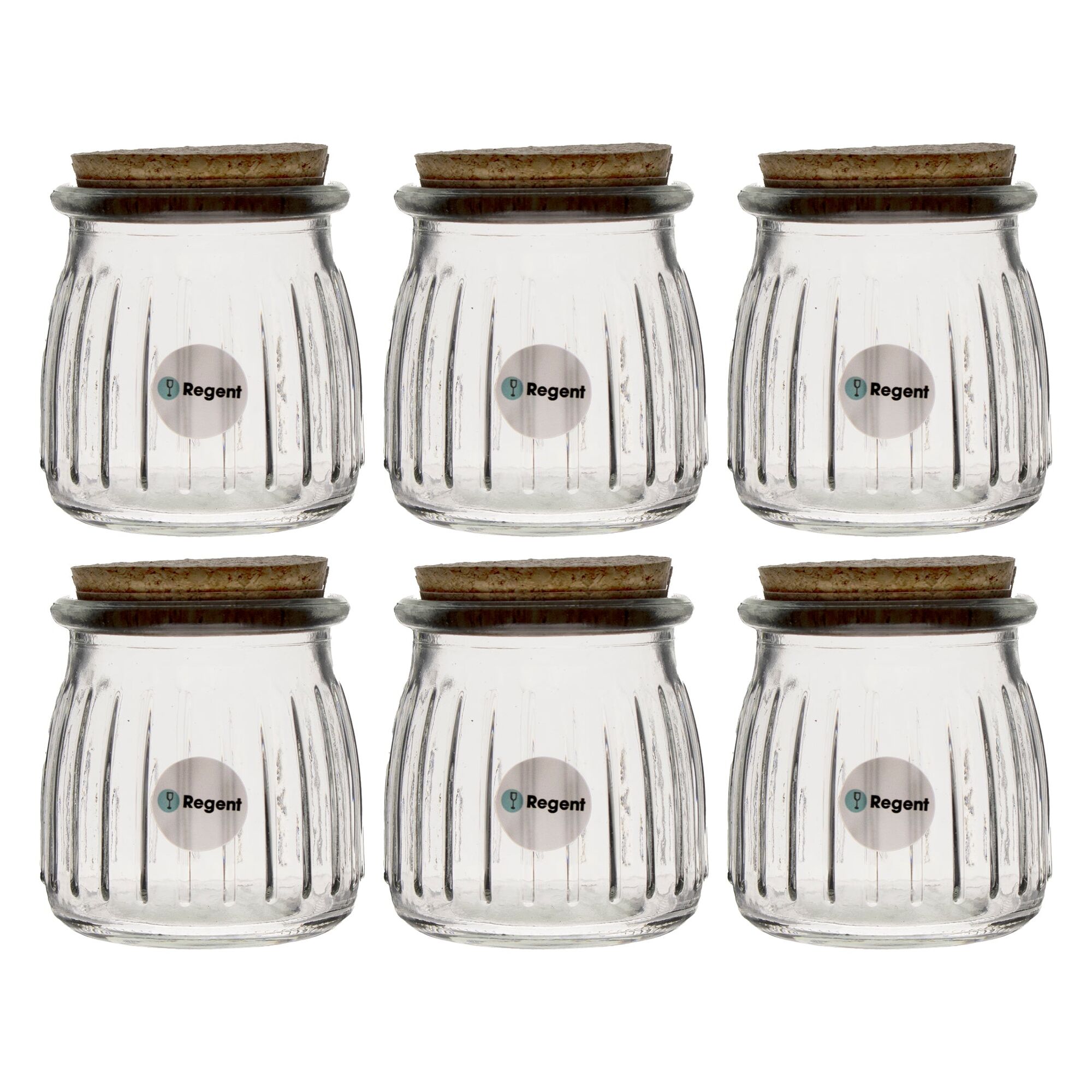 REGENT GLASS ROUND RIBBED JARS WITH CORK LIDS 6PK, 160ML