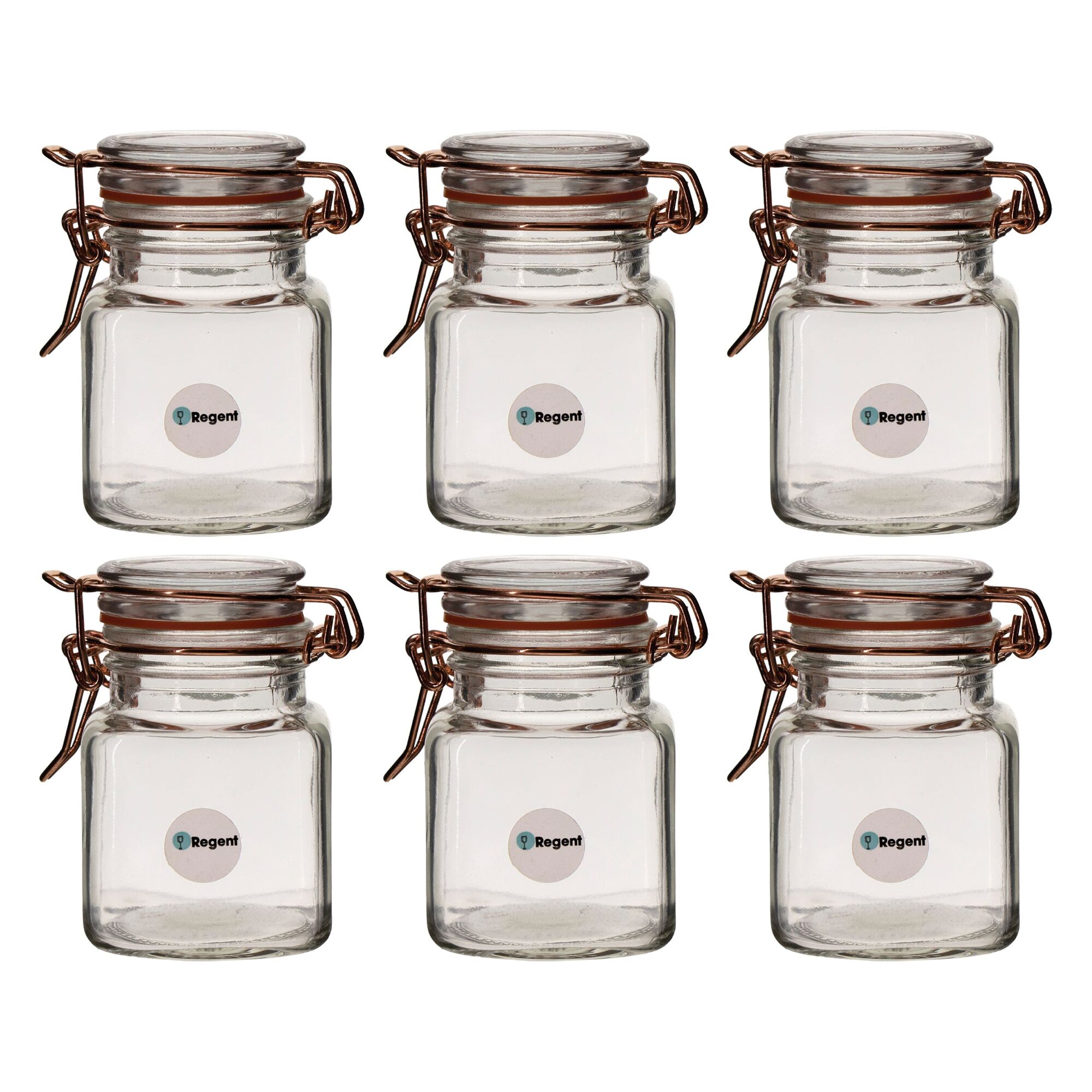 REGENT GLASS SQUARE HERMETIC JARS WITH ROSE GOLD CLIP 6PK, 100ML