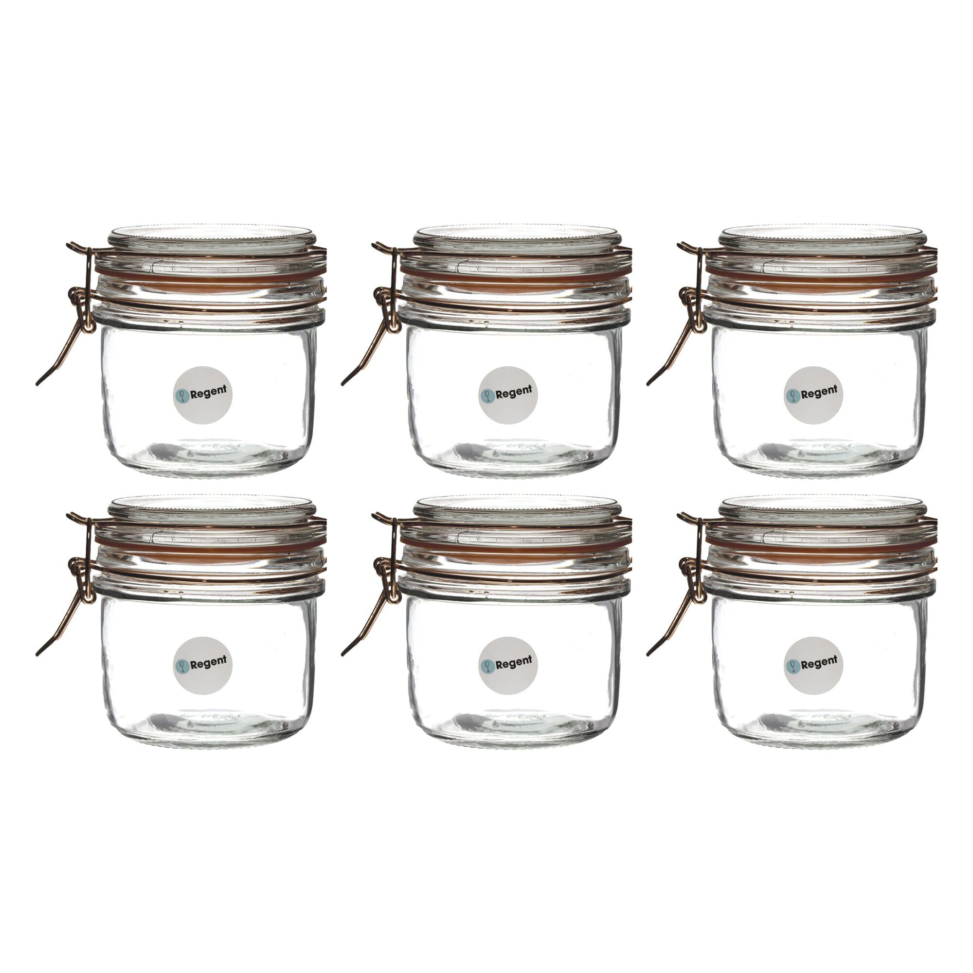REGENT GLASS ROUND HERMETIC JARS WITH ROSE GOLD CLIP 6PK, 200ML