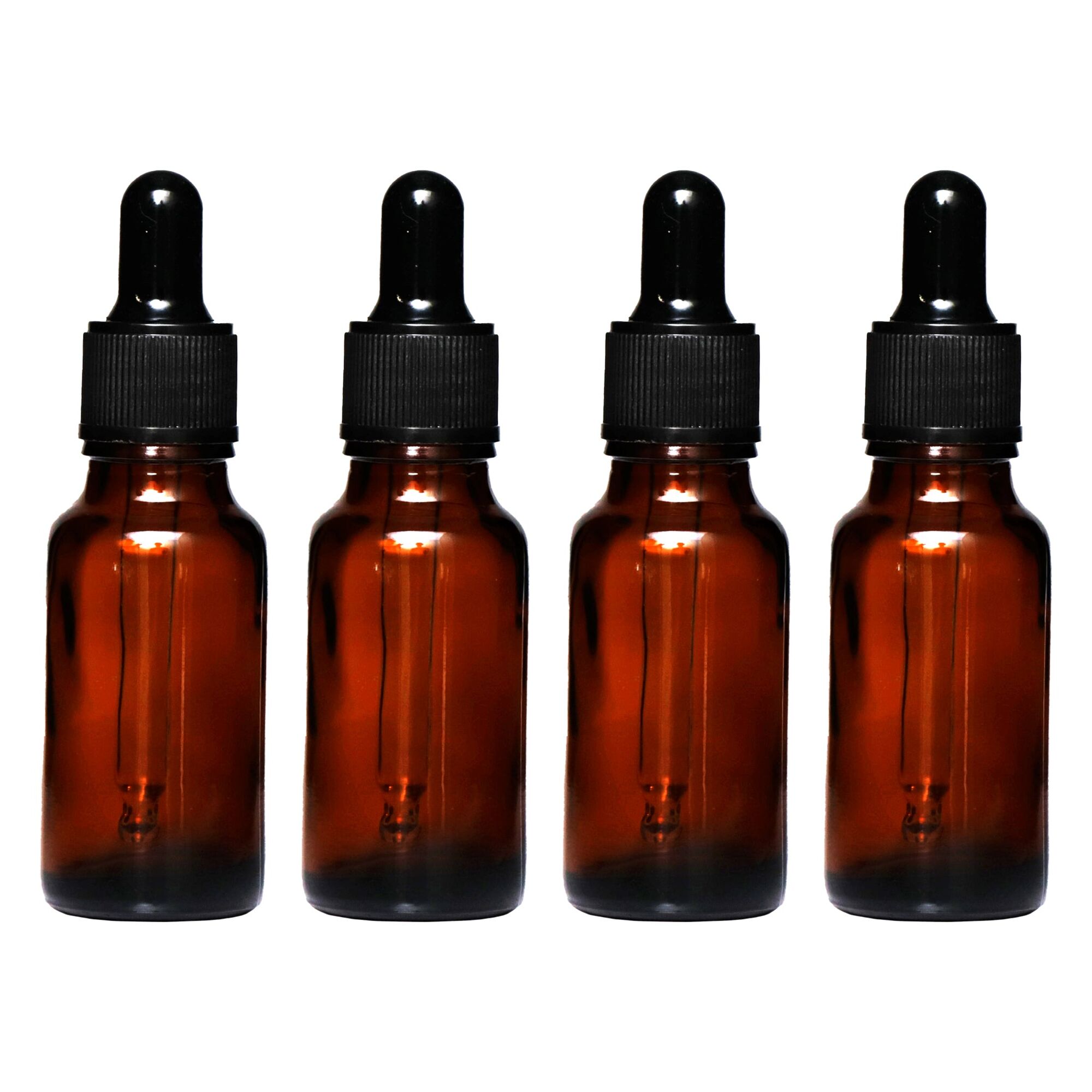 REGENT AMBER GLASS BOTTLE WITH BLACK PLASTIC DROPPER LID 4PK, 20ML