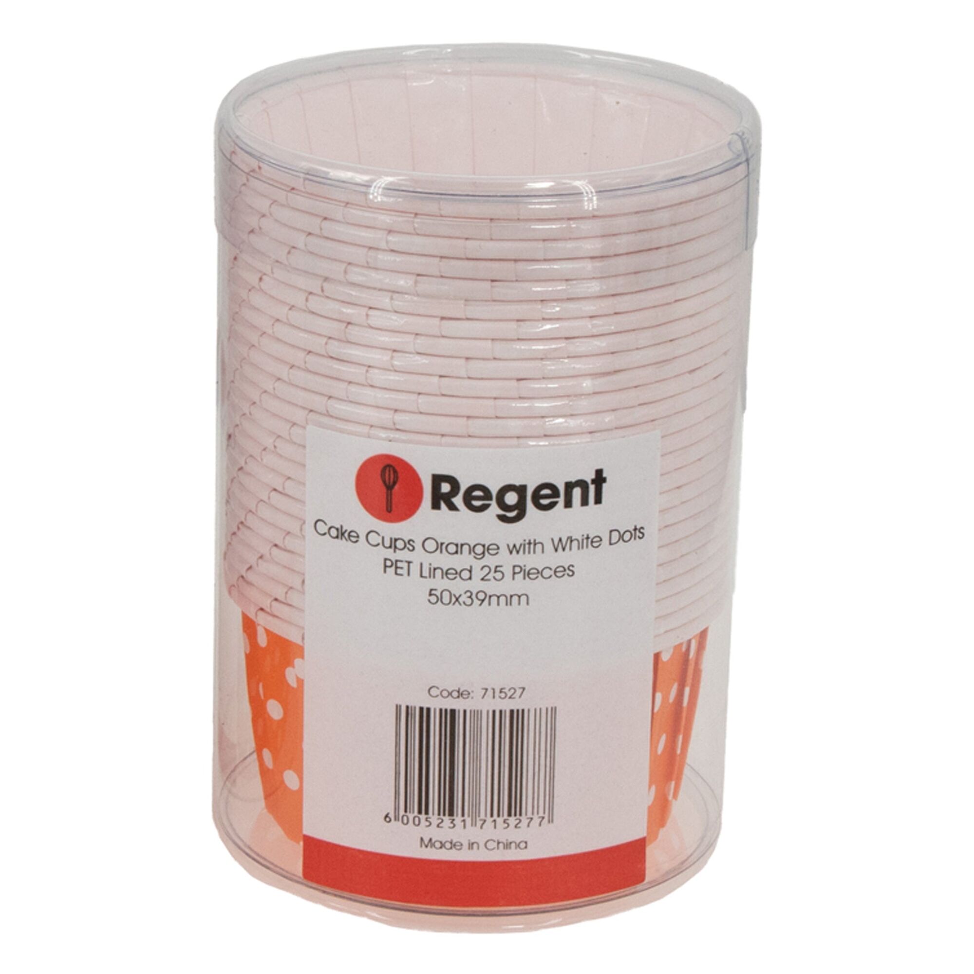REGENT CUPCAKE CUPS ORANGE WITH WHITE DOTS PET LINED 25PK, 50/70MM DIAX39MM