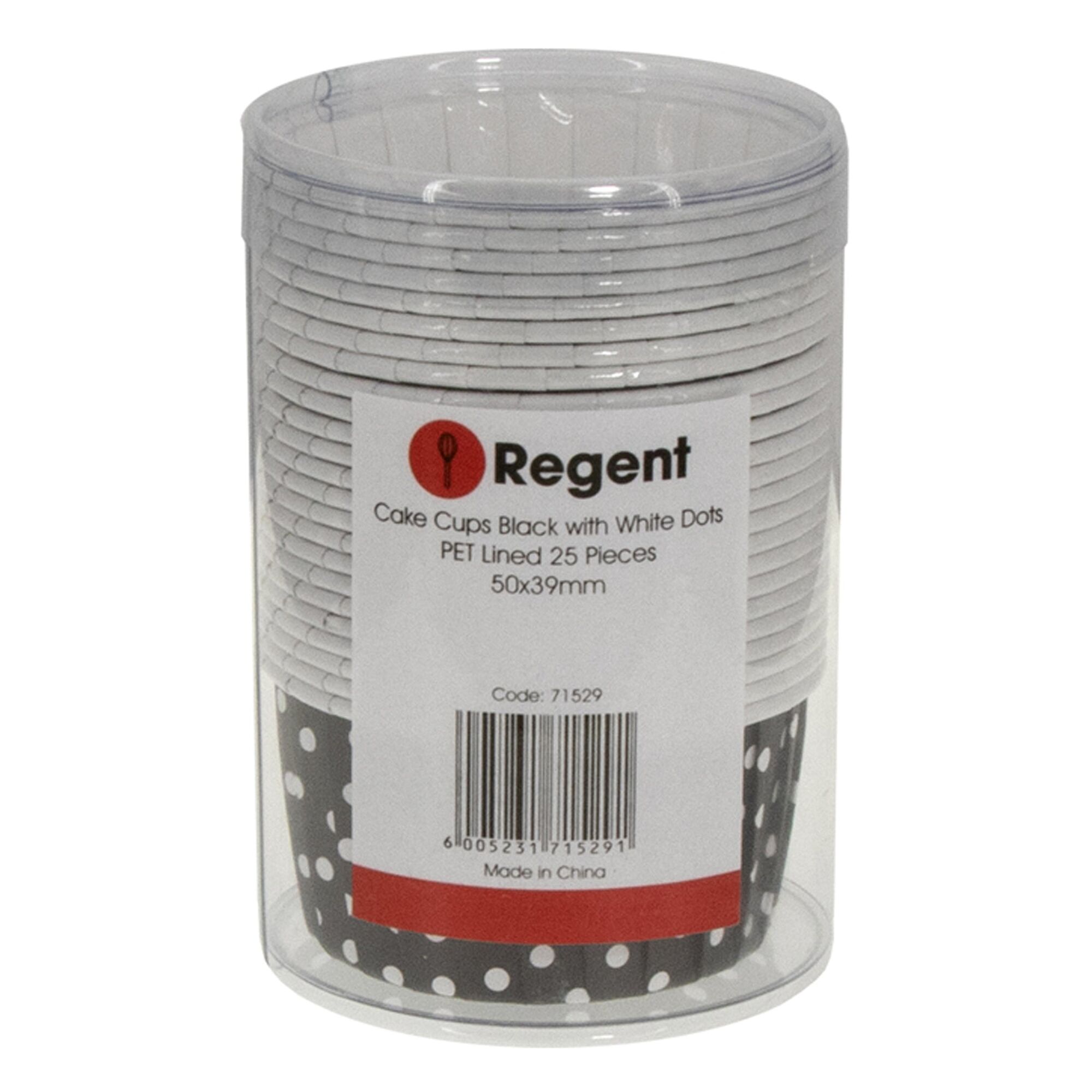 REGENT CUPCAKE CUPS BLACK WITH WHITE DOTS PET LINED 25PK, 70MM DIAX35MM