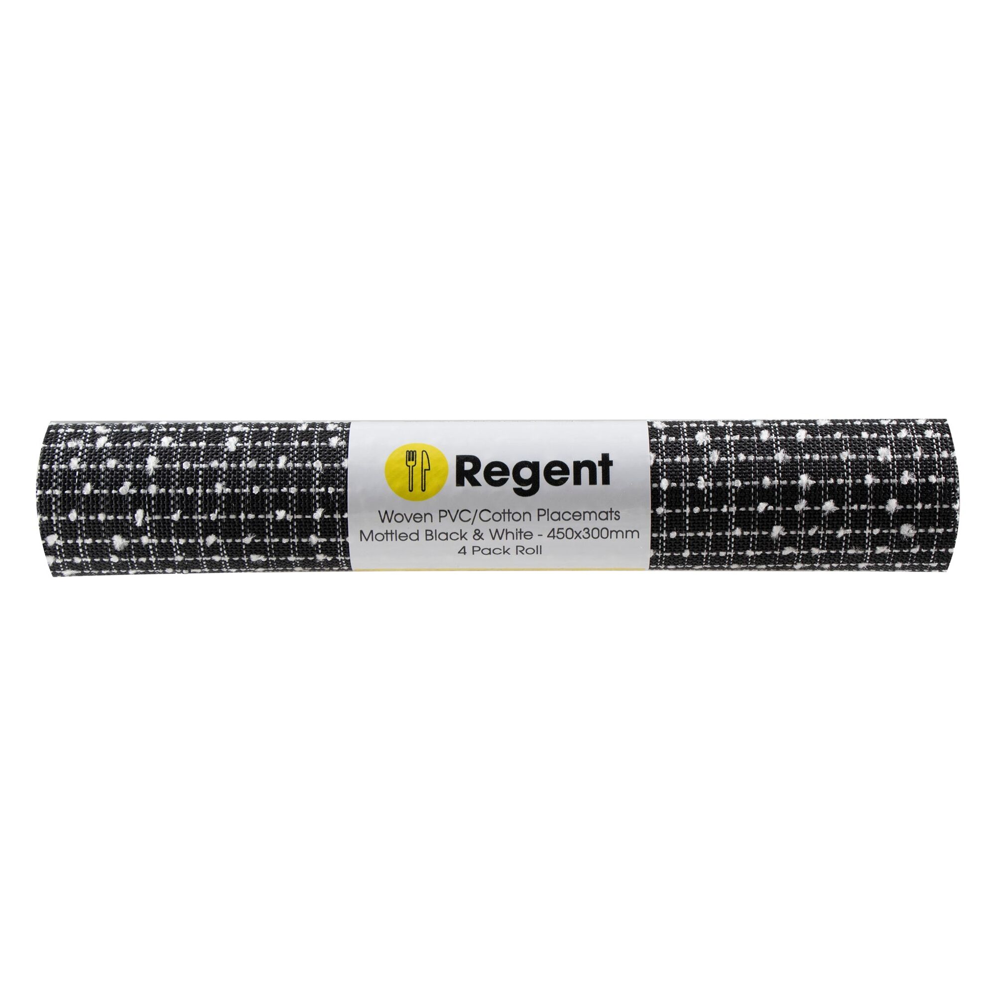 REGENT PLACE MATS WOVEN PVC/COTTON MOTTLED BLACK/WHITE 4PK ROLL, 300X450MM