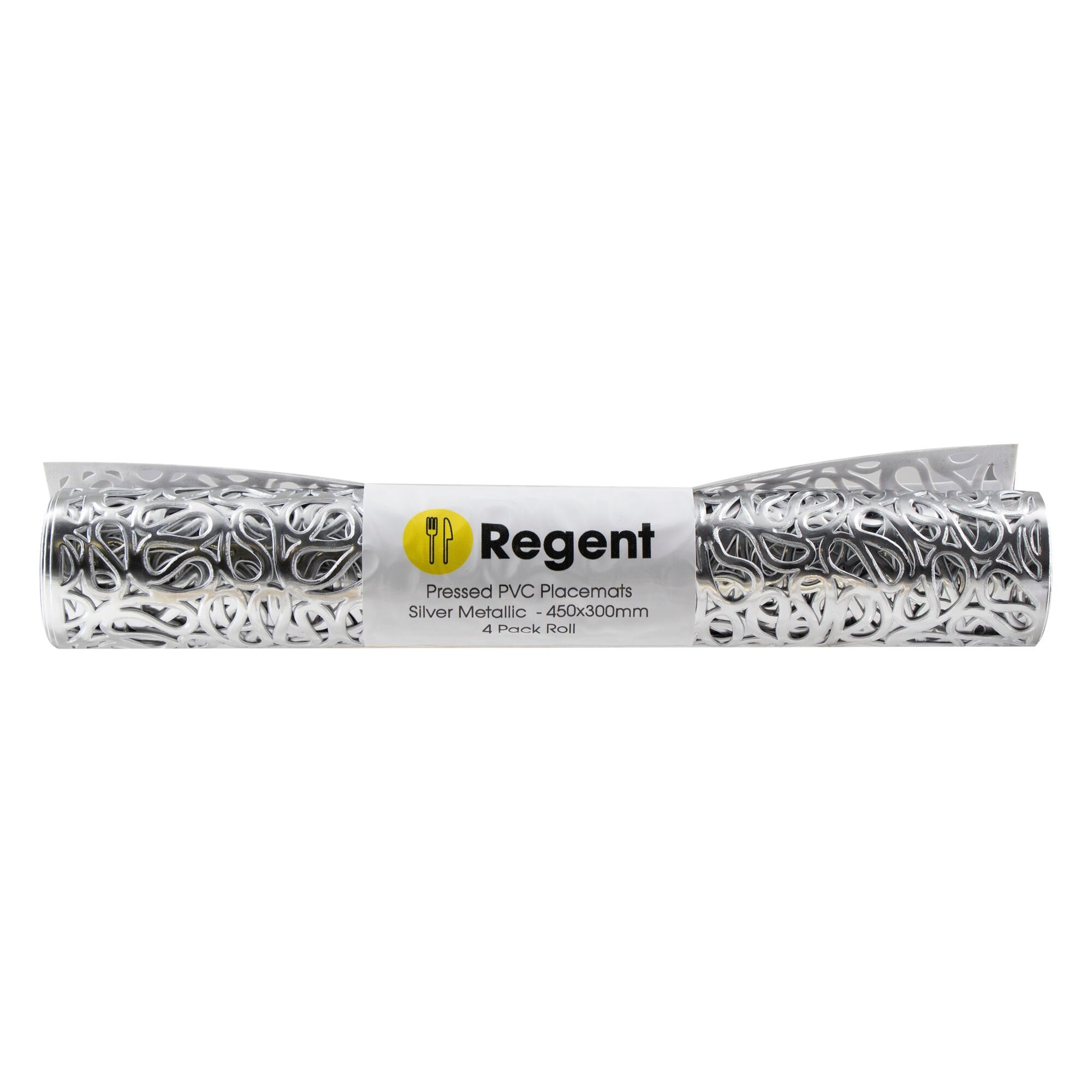 REGENT PLACE MATS PRESSED SILVER PVC 4PK ROLL, 300X450MM