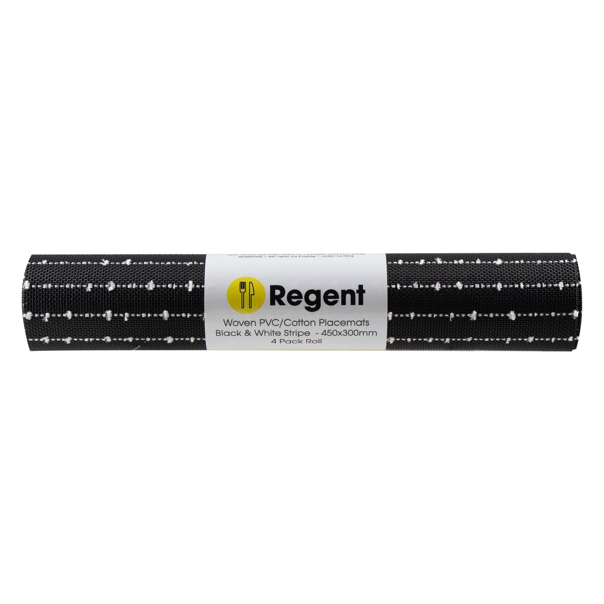 REGENT PLACE MATS WOVEN PVC/COTTON BLACK WITH WHITE STRIPES 4PK ROLL, 300X450MM