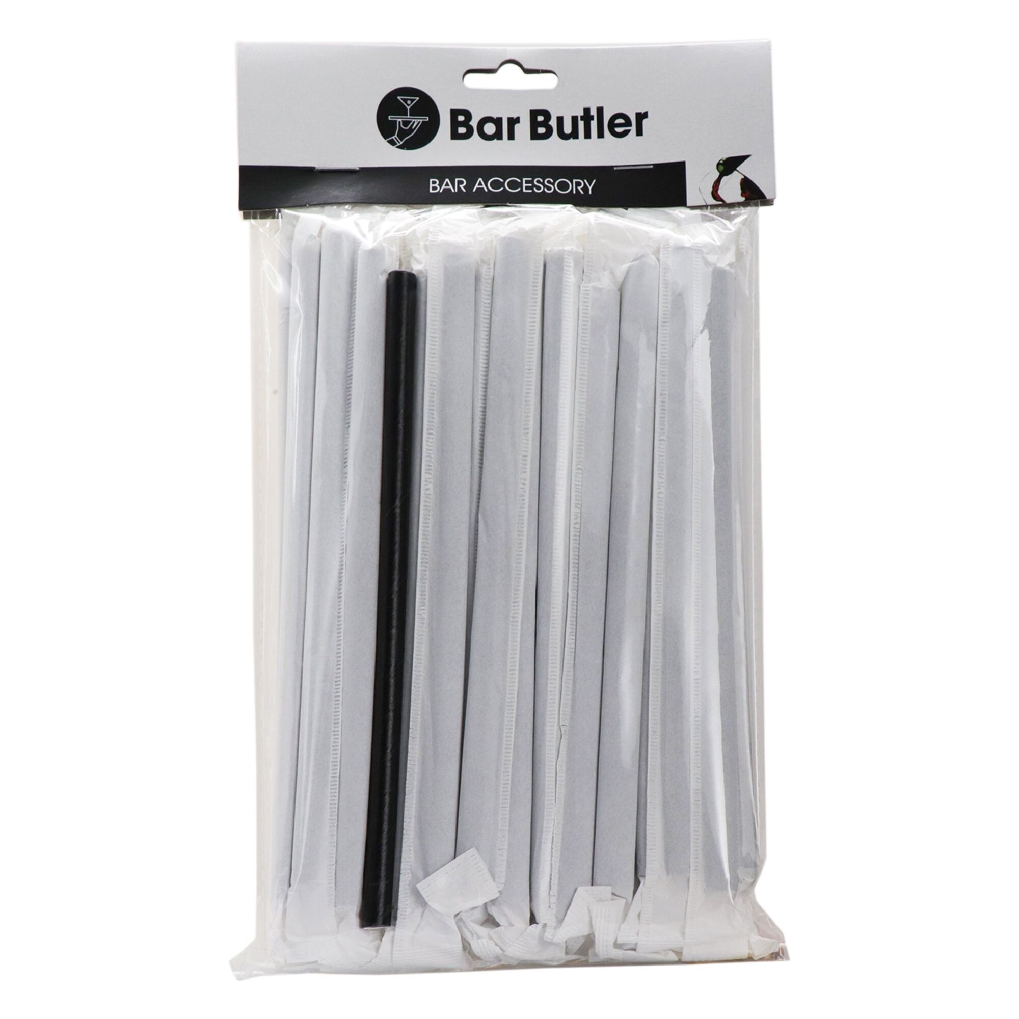 BAR BUTLER PAPER STRAWS BLACK 50 X 3PLY (8MM) WRAPPED + 1 UNWRAPPED - 51 PK
