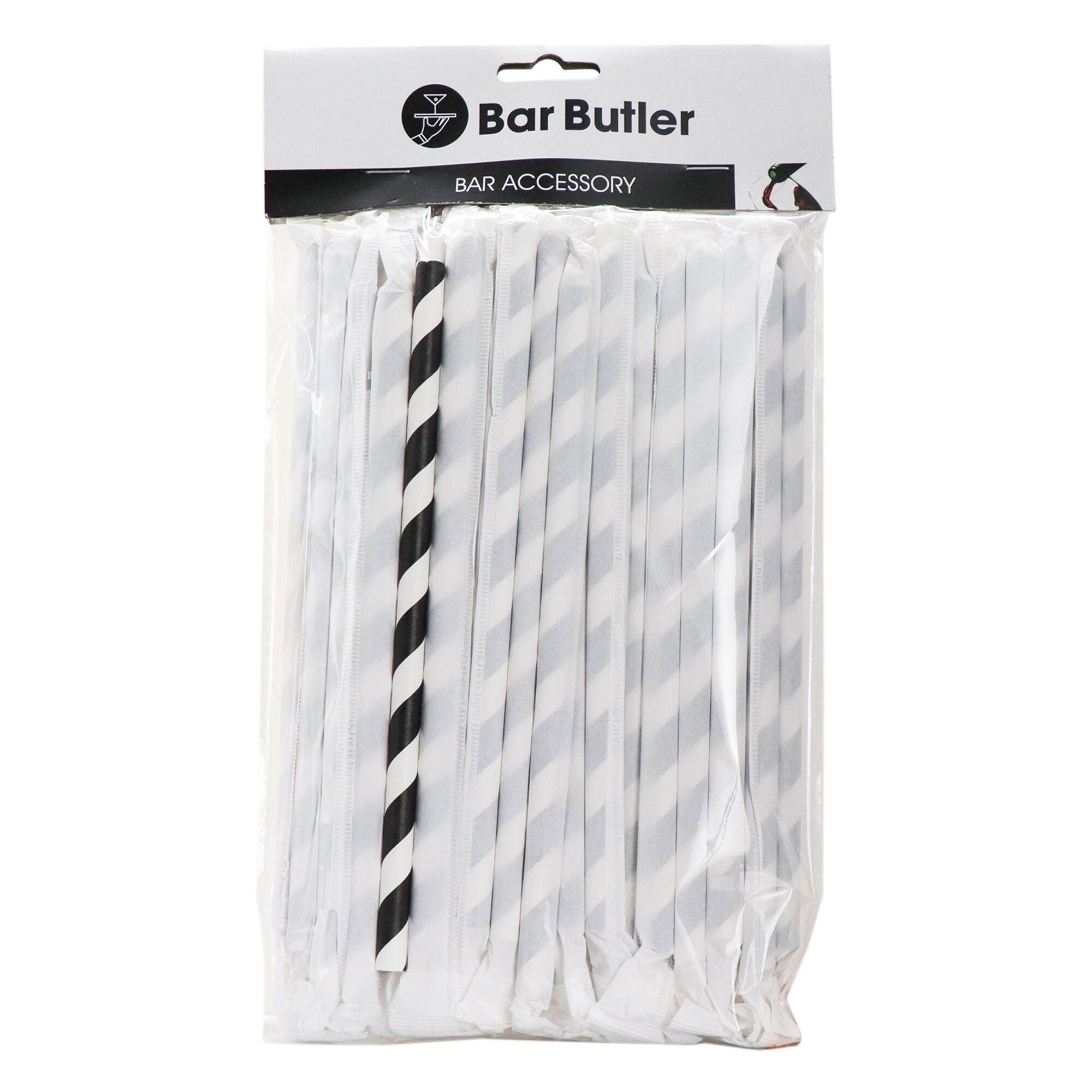 BAR BUTLER PAPER STRAWS BLACK & WHITE CHEVRON 50X3PLY (8MM) WRAPPED + 1 UNWRAPPED 51PK