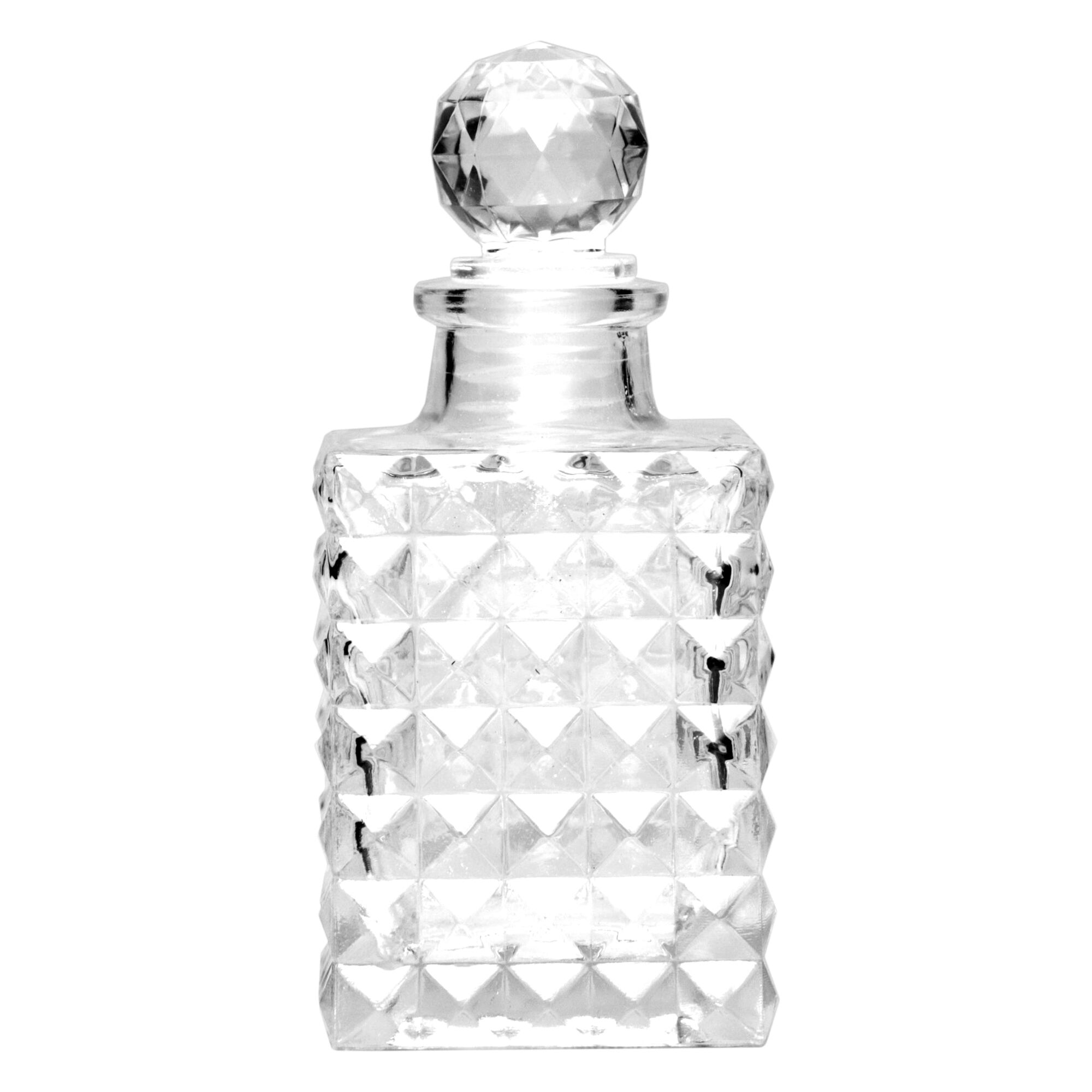 REGENT GLASS PERFUME BOTTLE SQUARE FACETED WITH BALL STOPPER, 100ML
