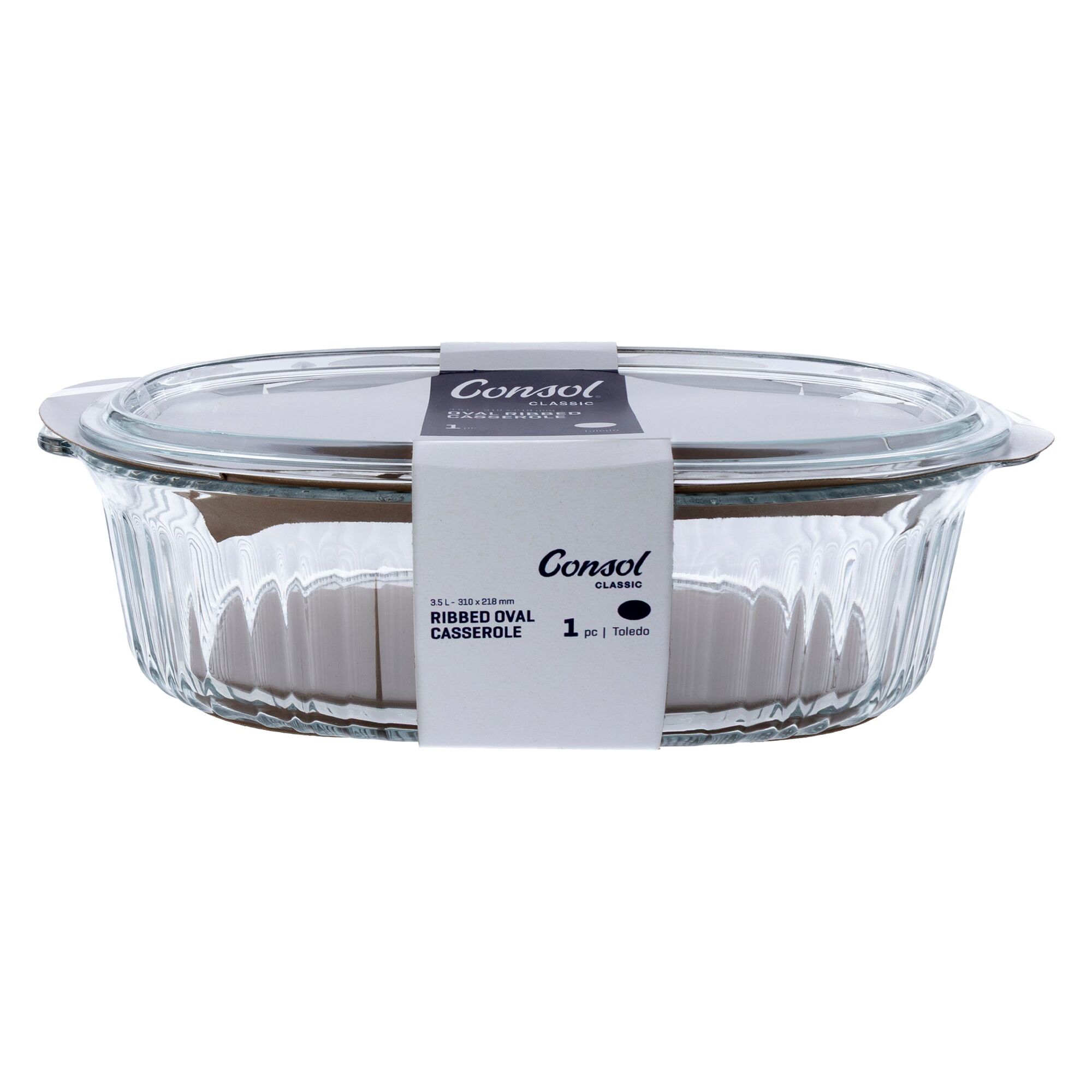 CONSOL TOLEDO OVAL RIBBED GLASS CASSEROLE WITH LID, 3.5L