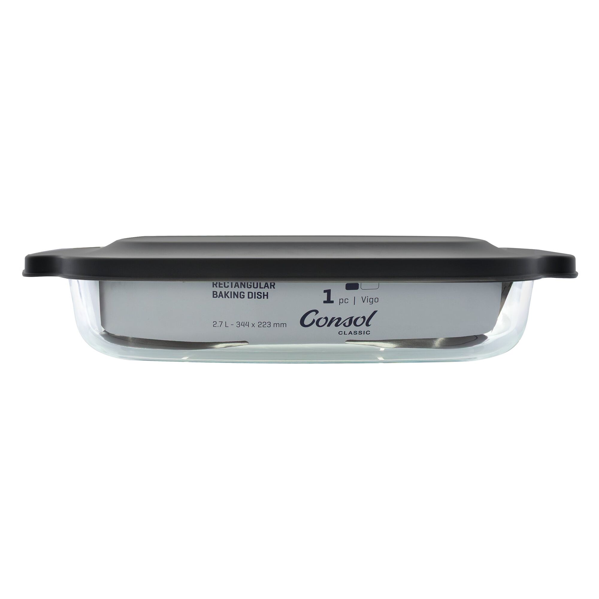 CONSOL VIGO RECTANGULAR GLASS BAKING DISH WITH GREY PLASTIC LID, 2.7L