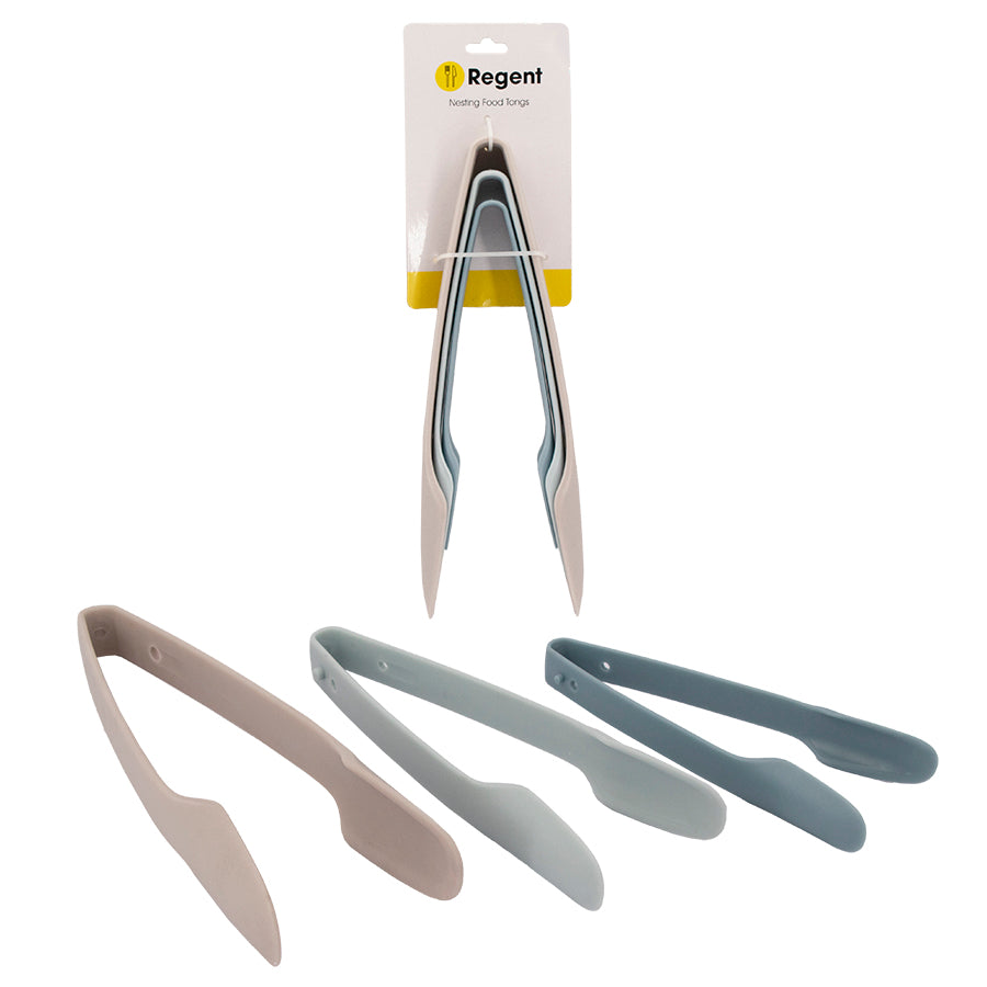 REGENT KITCHEN COLOURED NESTING FOOD TONGS PLASTIC 3PCS SET, 250MM l 215MM l 185MM