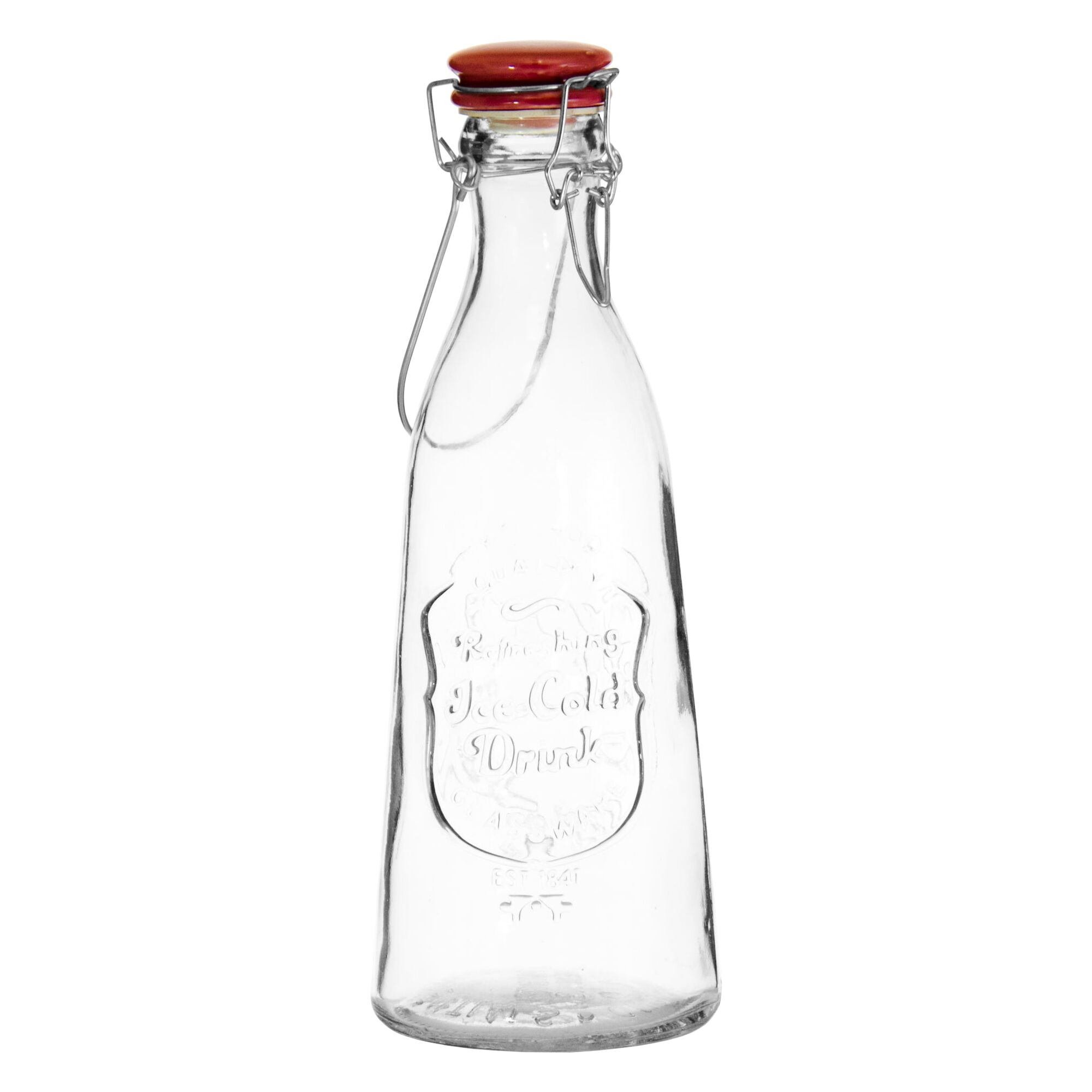 REGENT GLASS EMBOSSED DESIGN BOTTLE WITH RED CLIP TOP LID, 1LT