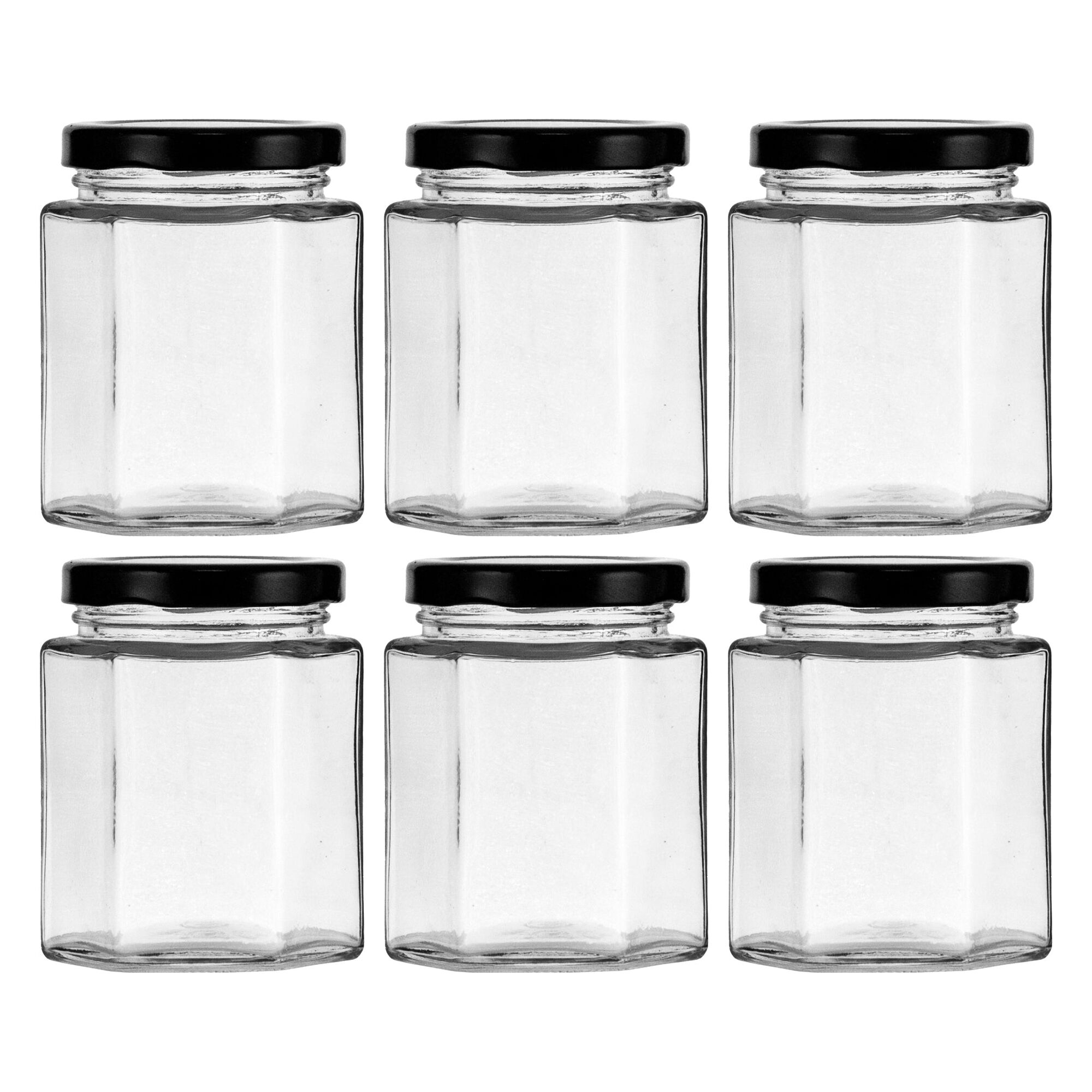 REGENT GLASS HEXAGONAL JAR WITH BLACK LID 6 PACK, 200ML