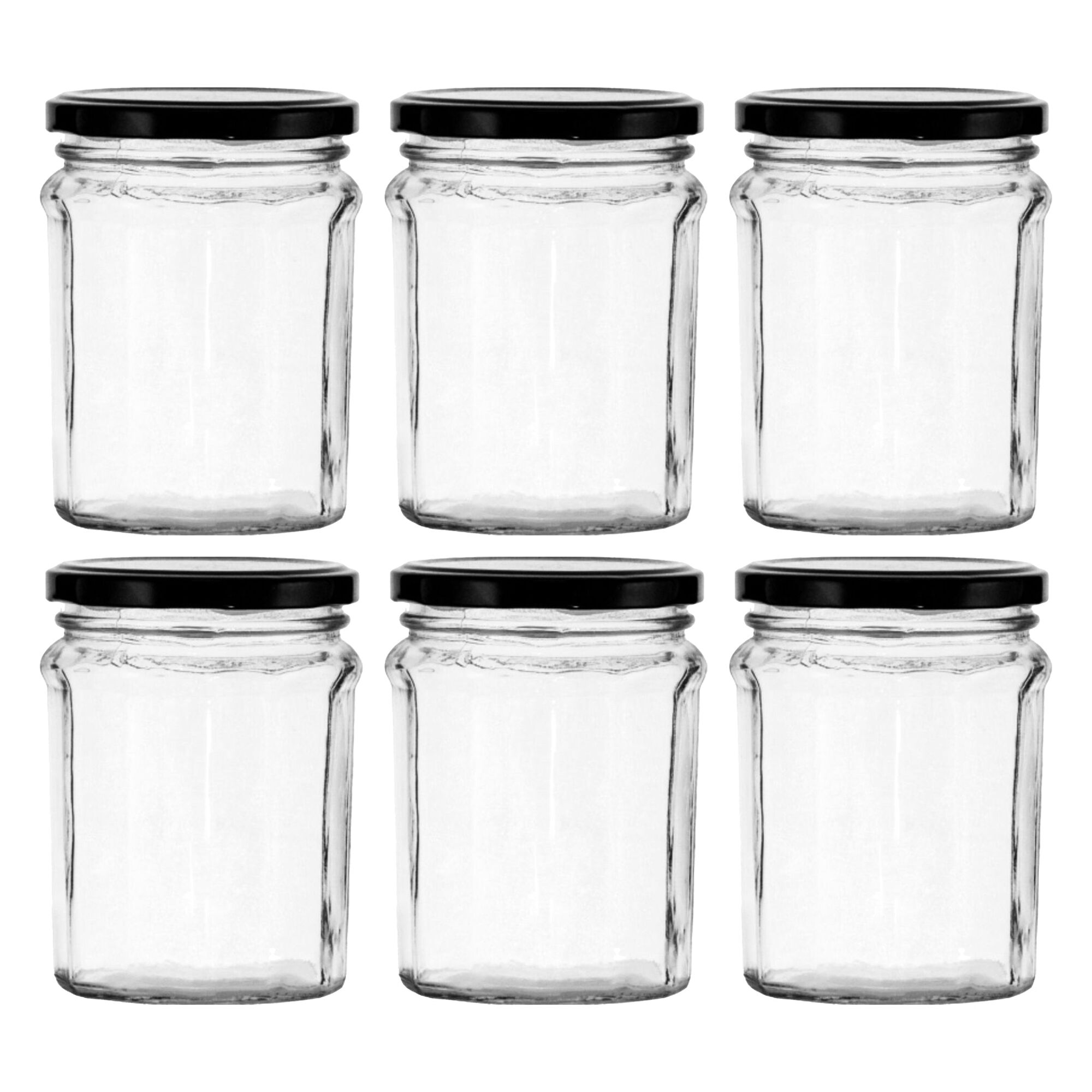 REGENT GLASS FACETED JAR WITH BLACK LID 6 PACK, 380ML