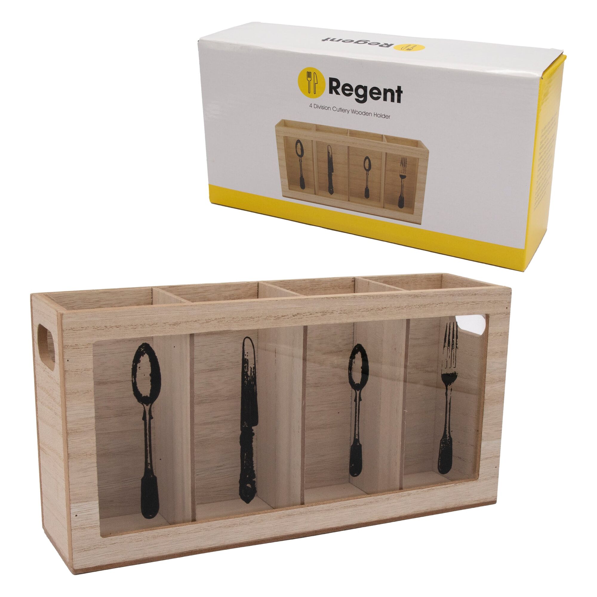 REGENT KITCHEN CUTLERY HOLDER 4 DIVISION WOOD AND GLASS WITH MOTIFS, 295X80MM
