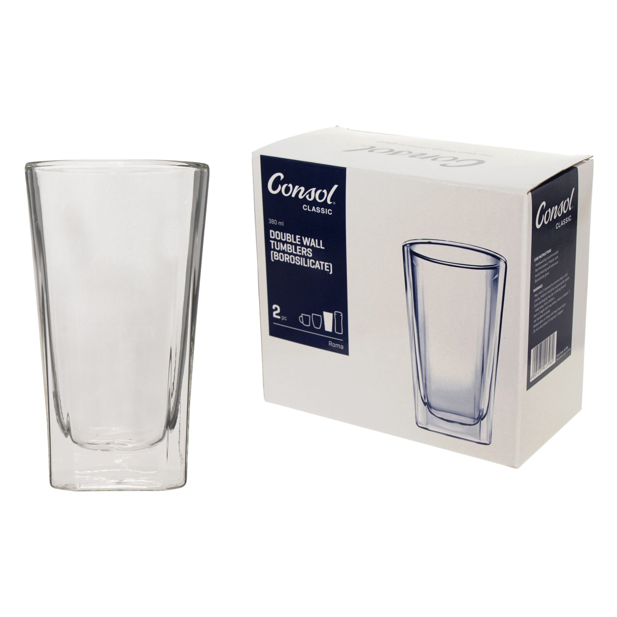 CONSOL ROMA DOUBLE WALL SQUARE BOROSILICATE GLASS CUP 2PK, 380ML