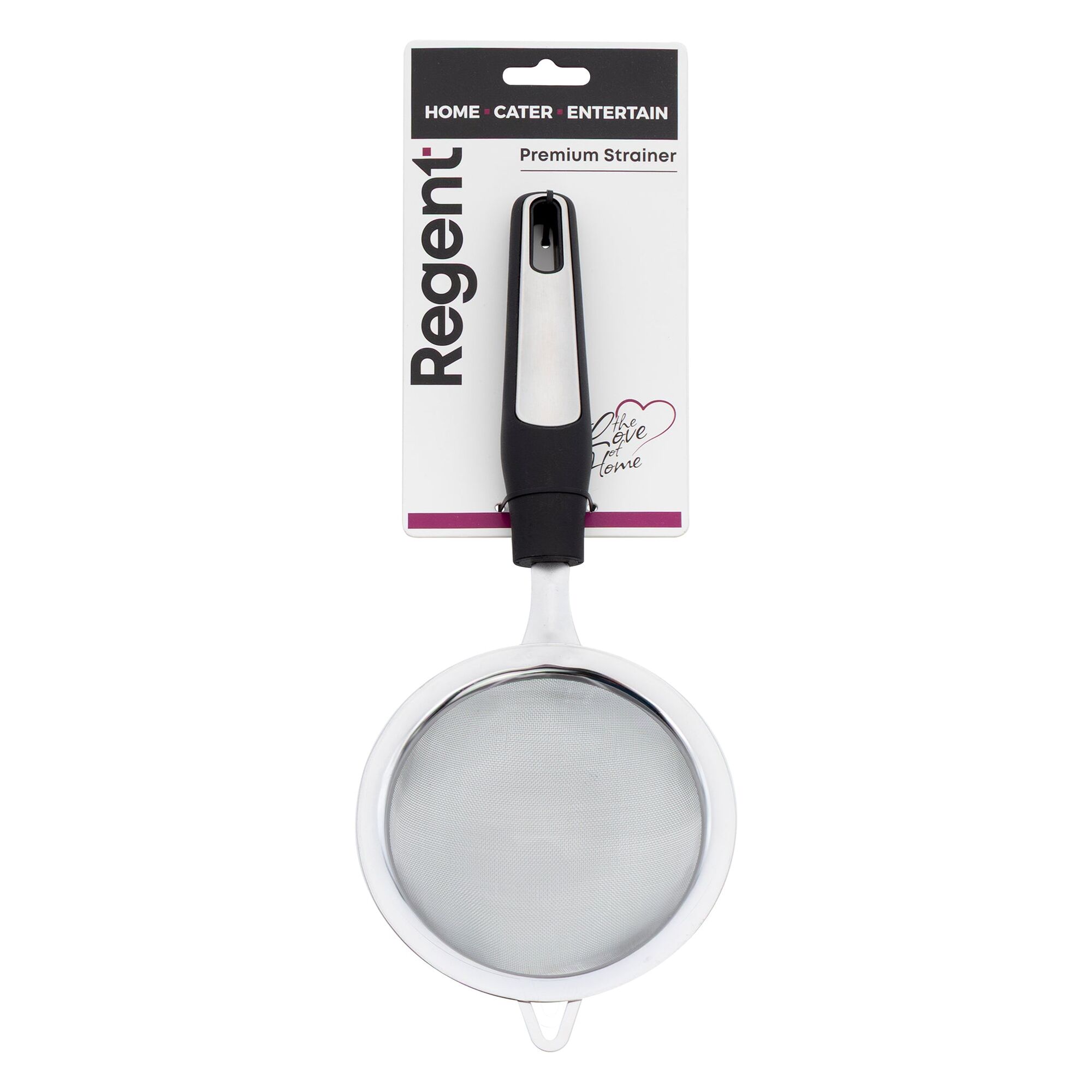 REGENT PREMIUM STRAINER STAINLESS STEEL WITH PP+SS BLACK HANDLE BLACK, 295MM