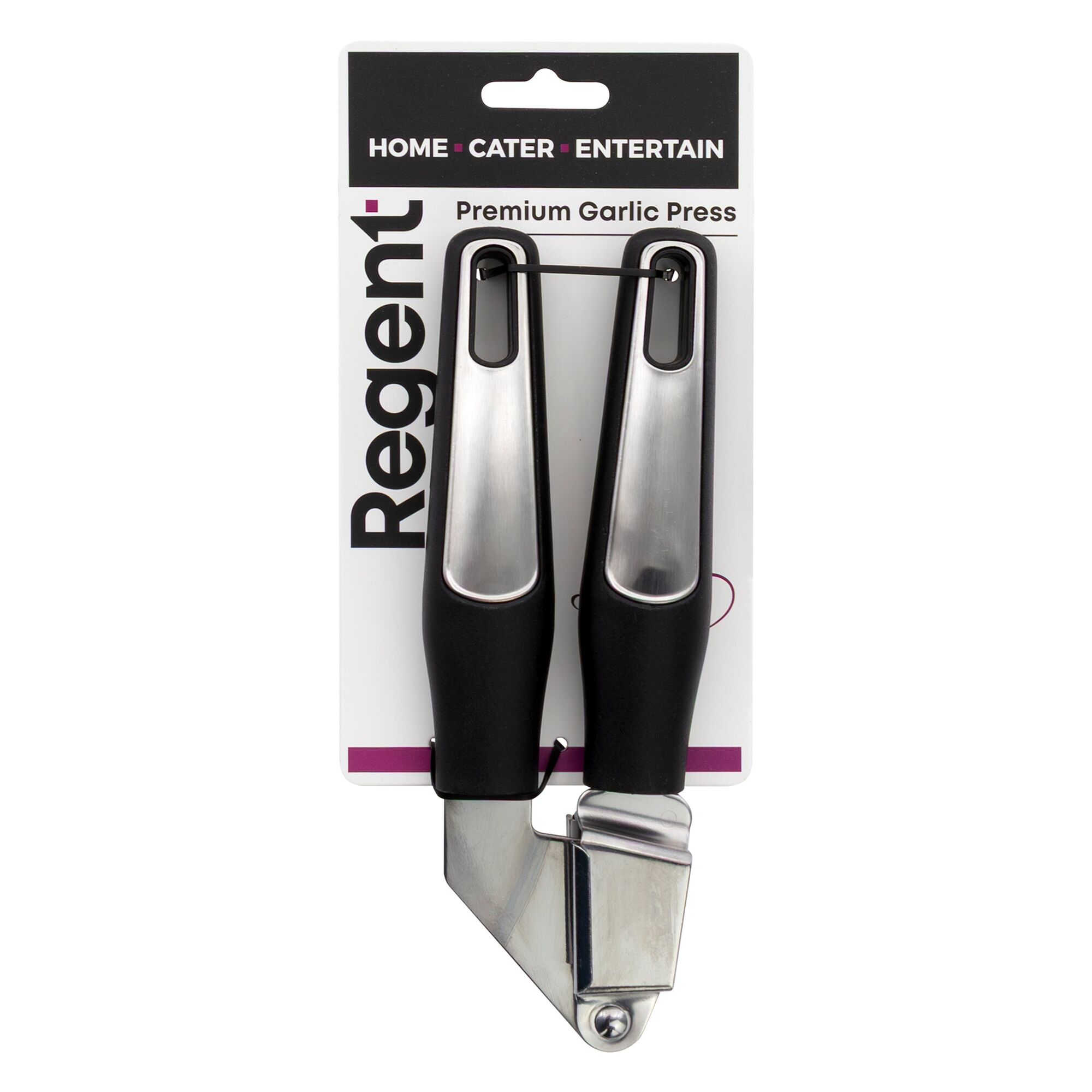 REGENT PREMIUM GARLIC PRESS STAINLESS STEEL WITH PP+SS BLACK HANDLES, 200MM