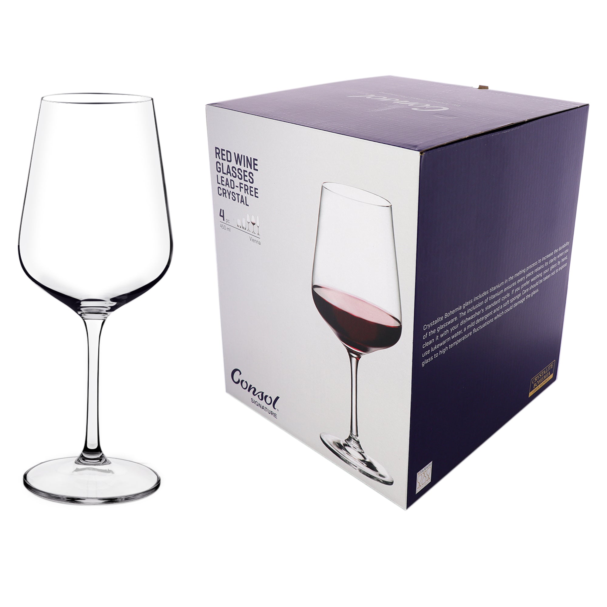 CONSOL SIGNATURE VIENNA CRYSTAL STEM RED WINE GLASS 4PK, 450ML