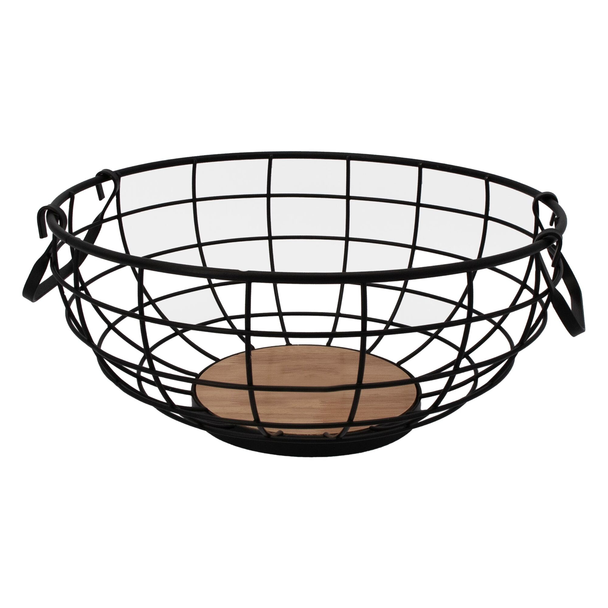REGENT KITCHEN FRUIT BASKET WITH HANDLES BLACK WIRE AND WOOD
