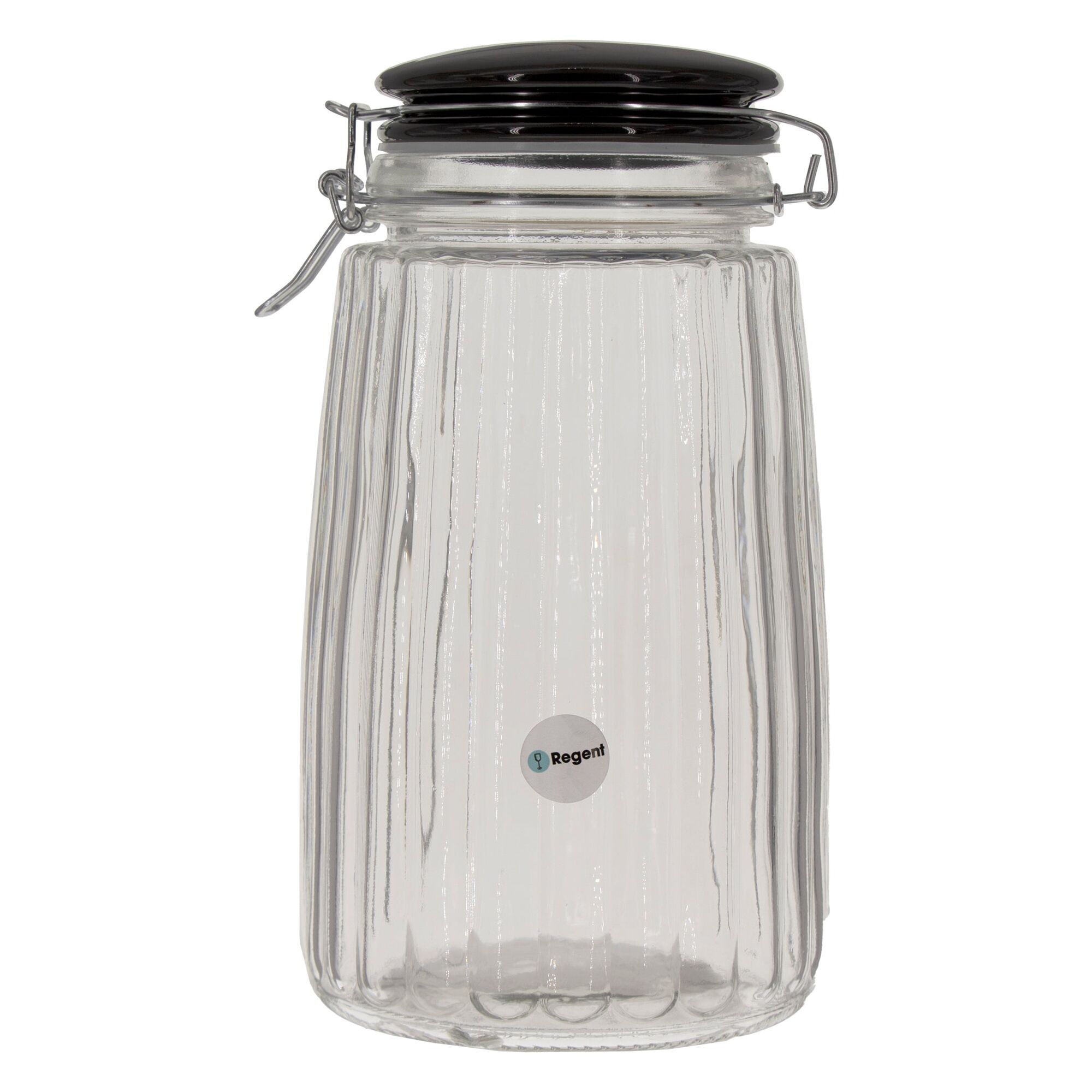 REGENT RIBBED HERMETIC GLASS CANISTER WITH BLACK CERAMIC LID AND METAL CLIP, 1.8L