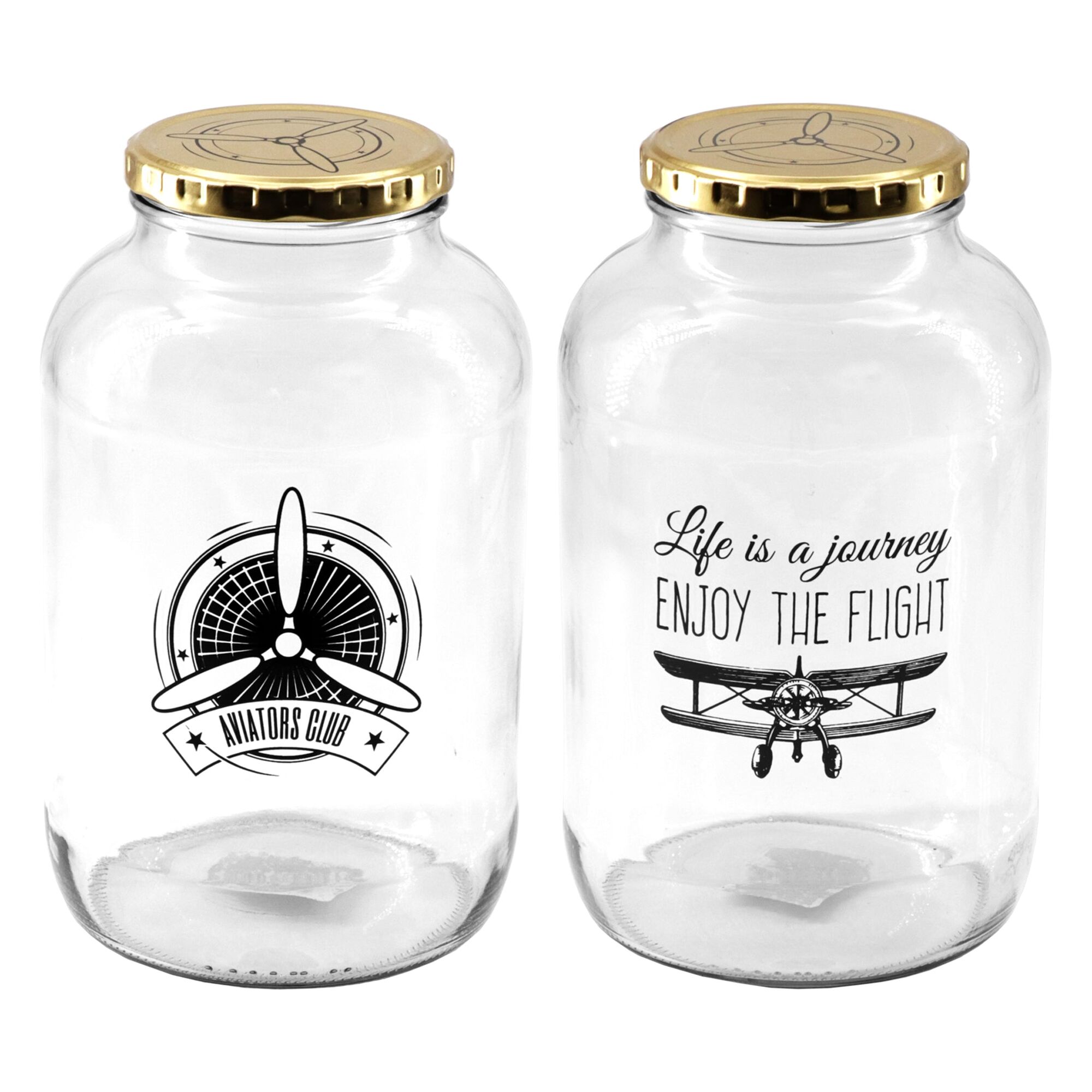 REGENT GLASS STORAGE JAR WITH GOLD LID LIFE IS A JOURNEY & AVIATORS CLUB 2PK, 2L