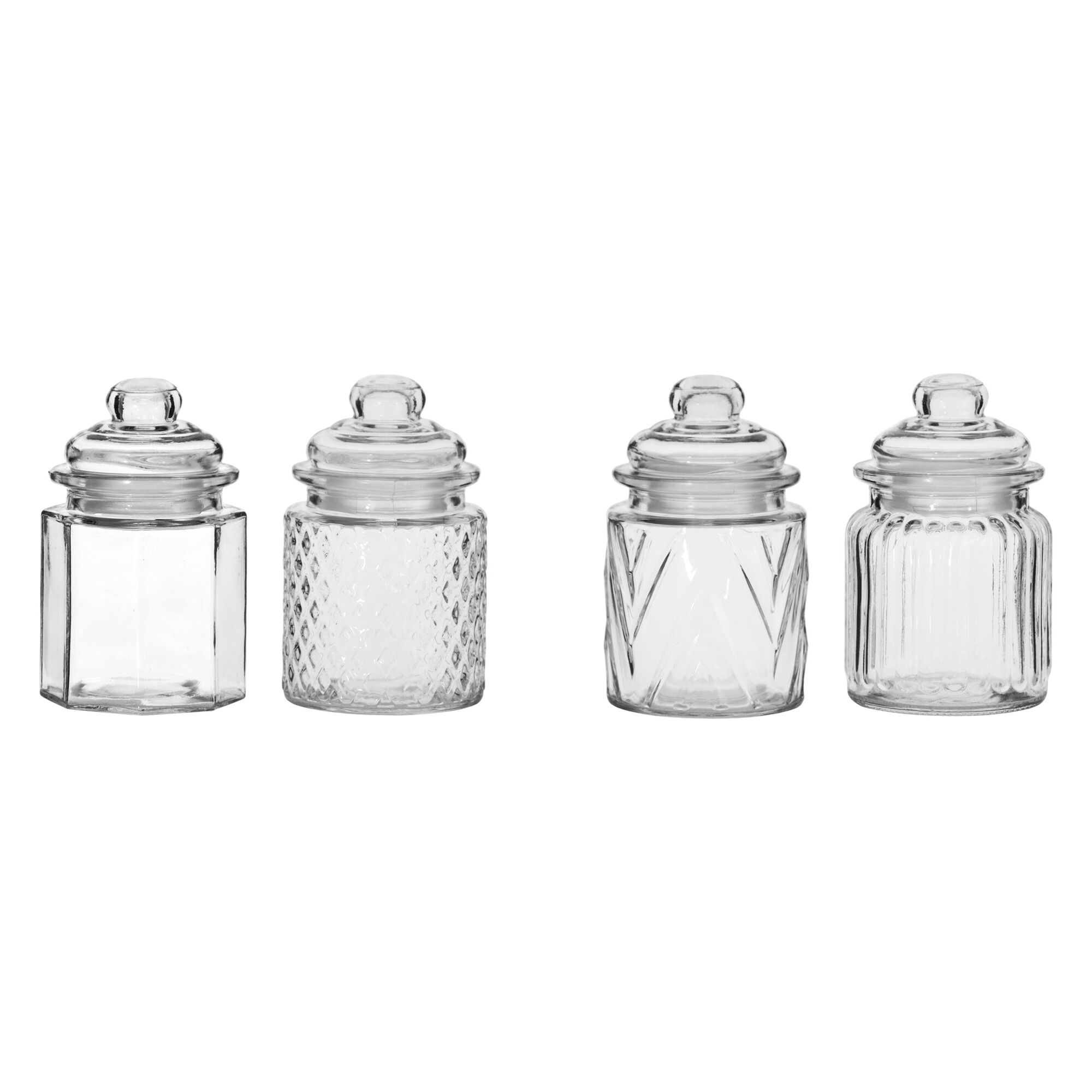 REGENT MINI GLASS CANISTERS ASSORTED DESIGNS, 4 PIECE SET 300ML