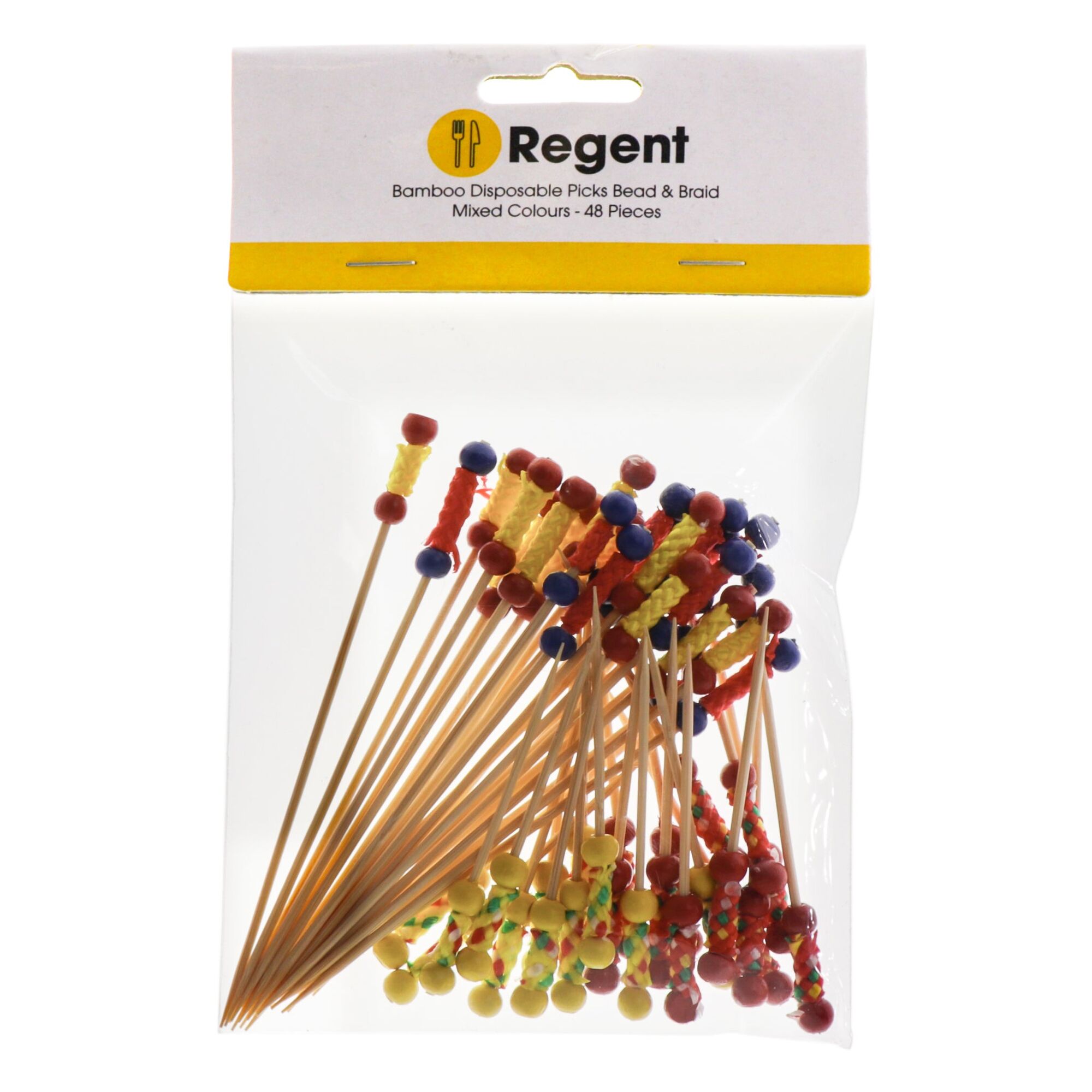 REGENT DISPOSABLE BAMBOO PICKS BEAD & BRAID MIXED COLOURS & 2 SIZES 48PCS, (120/70MM)