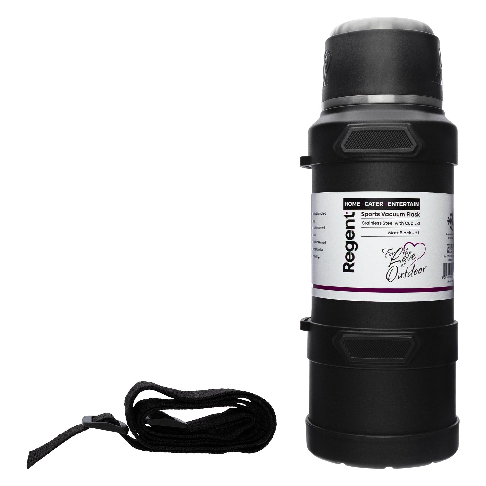 REGENT LARGE VACUUM FLASK STAINLESS STEEL WITH CUP LID MATT BLACK, 2LT