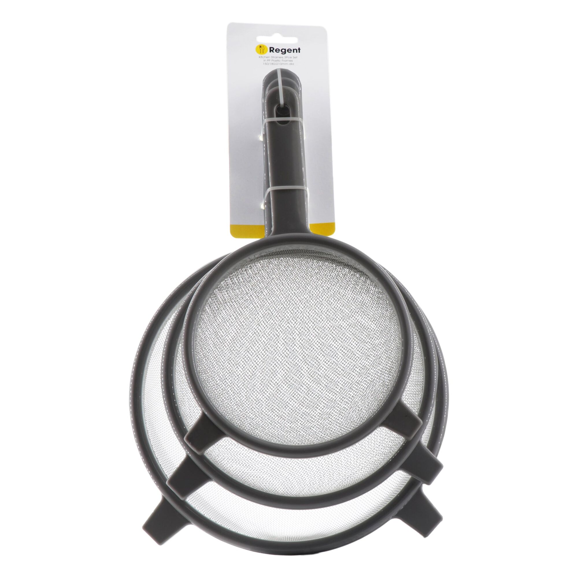 REGENT KITCHEN STRAINERS ST STEEL WITH PP PLASTIC FRAME GREY 3 PIECE SET, 150 l 180 l 210MM DIA