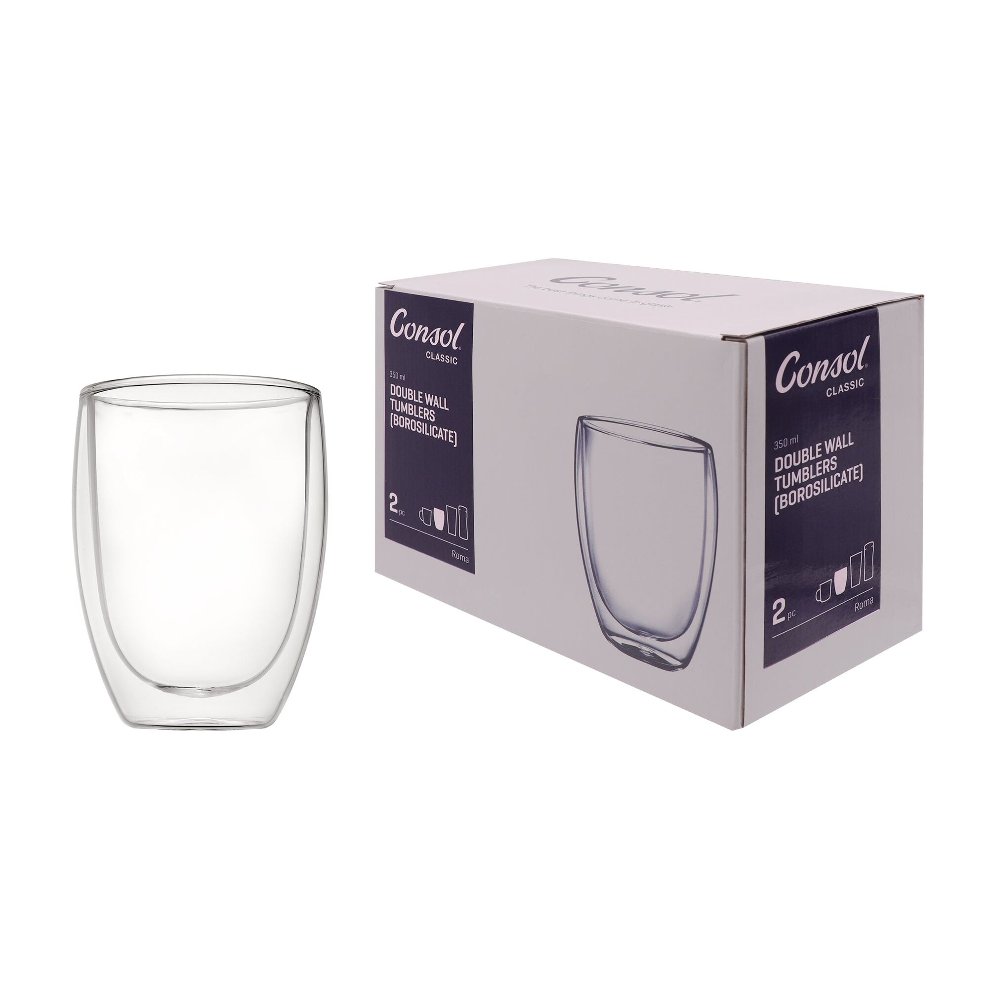 CONSOL ROMA DOUBLE WALL BOROSILICATE GLASS COFFEE CUP 2PK, 350ML