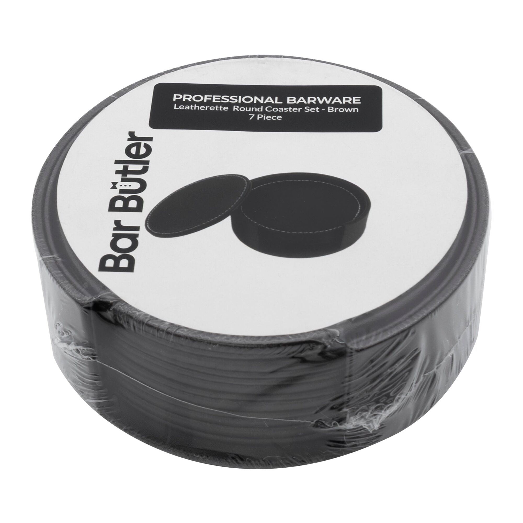 BAR BUTLER ROUND LEATHERETTE COASTERS IN HOLDER 7PK SET