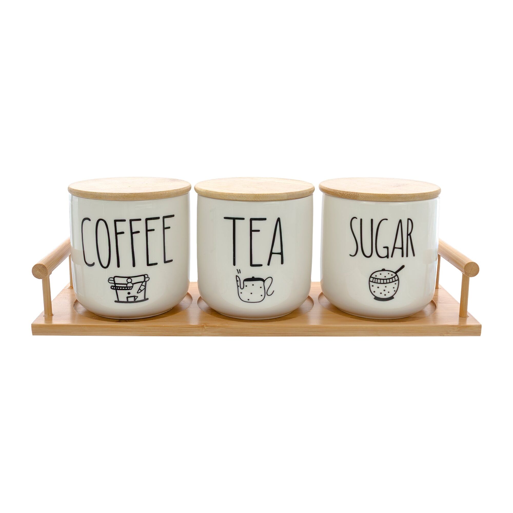 REGENT COFFEE,SUGAR,TEA CERAMIC JARS WITH BAMBOO LIDS AND TRAY, 500ML