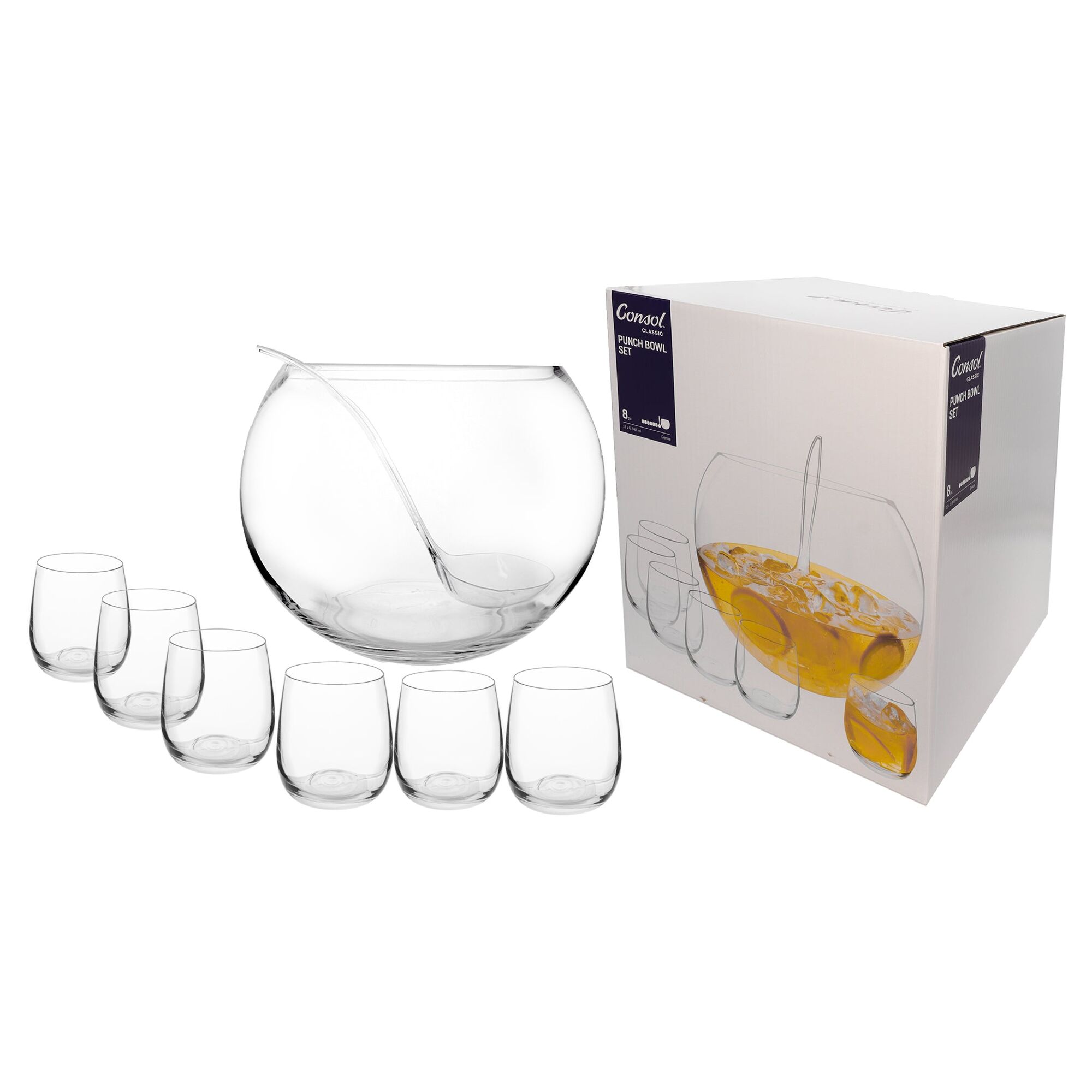 CONSOL GENOA GLASS PUNCH BOWL, 6 GLASSES 340ML AND PLASTIC LADLE 8PK SET,  11L