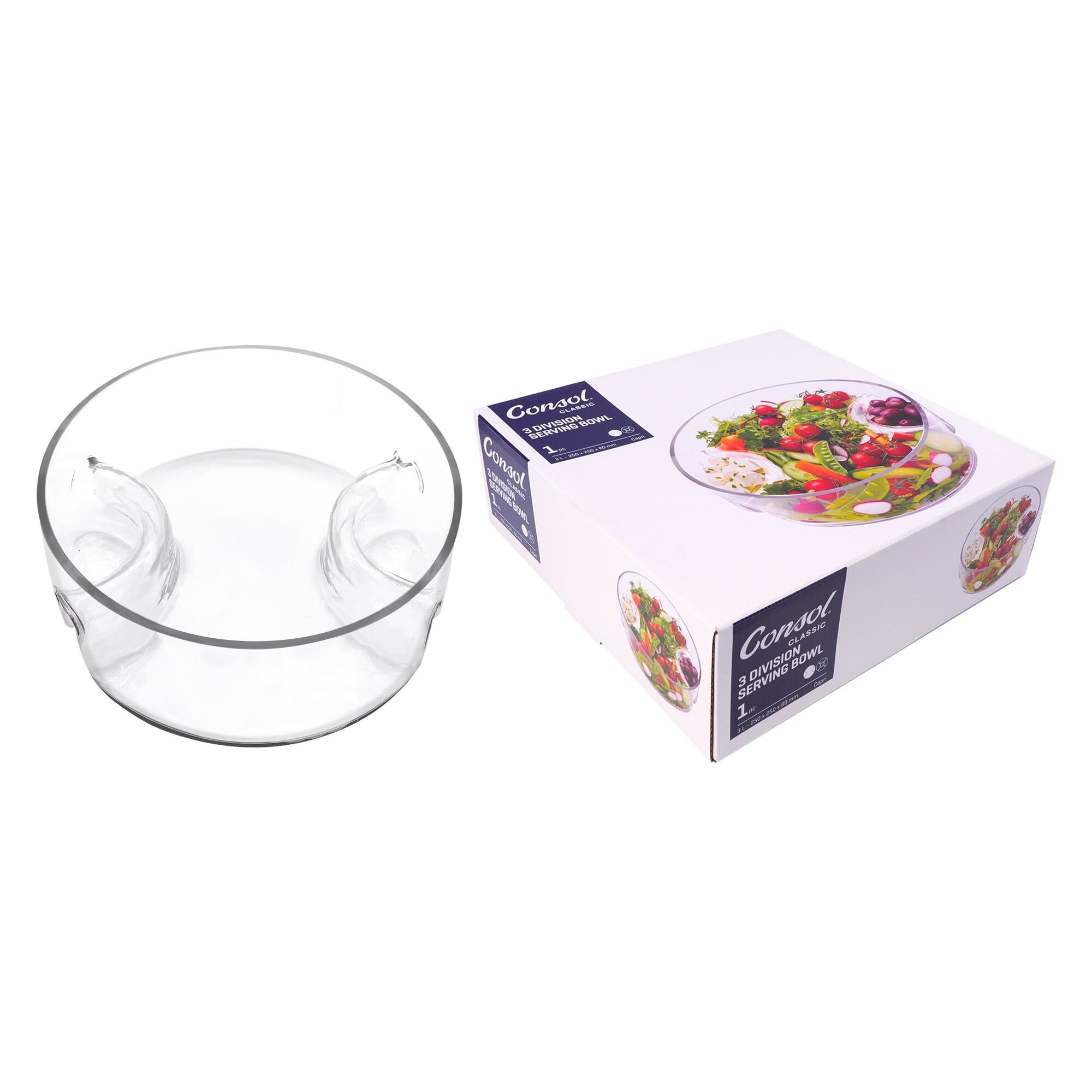 CONSOL GENOA GLASS SERVING BOWL WITH 3 SECTIONS, 250MM DIA