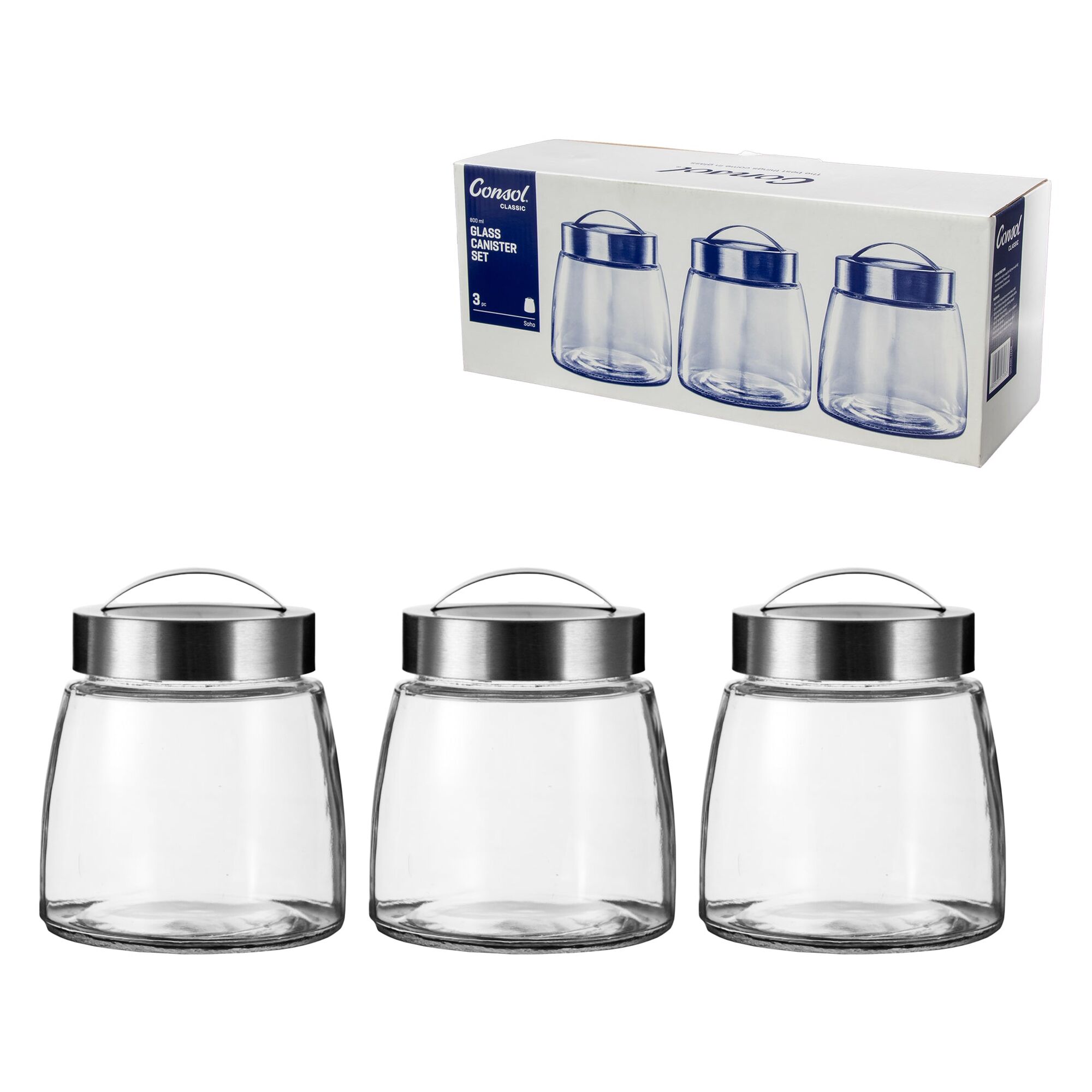 CONSOL SOHO GLASS CANISTERS WITH ST STEEL LIDS 3PK SET, 800ML
