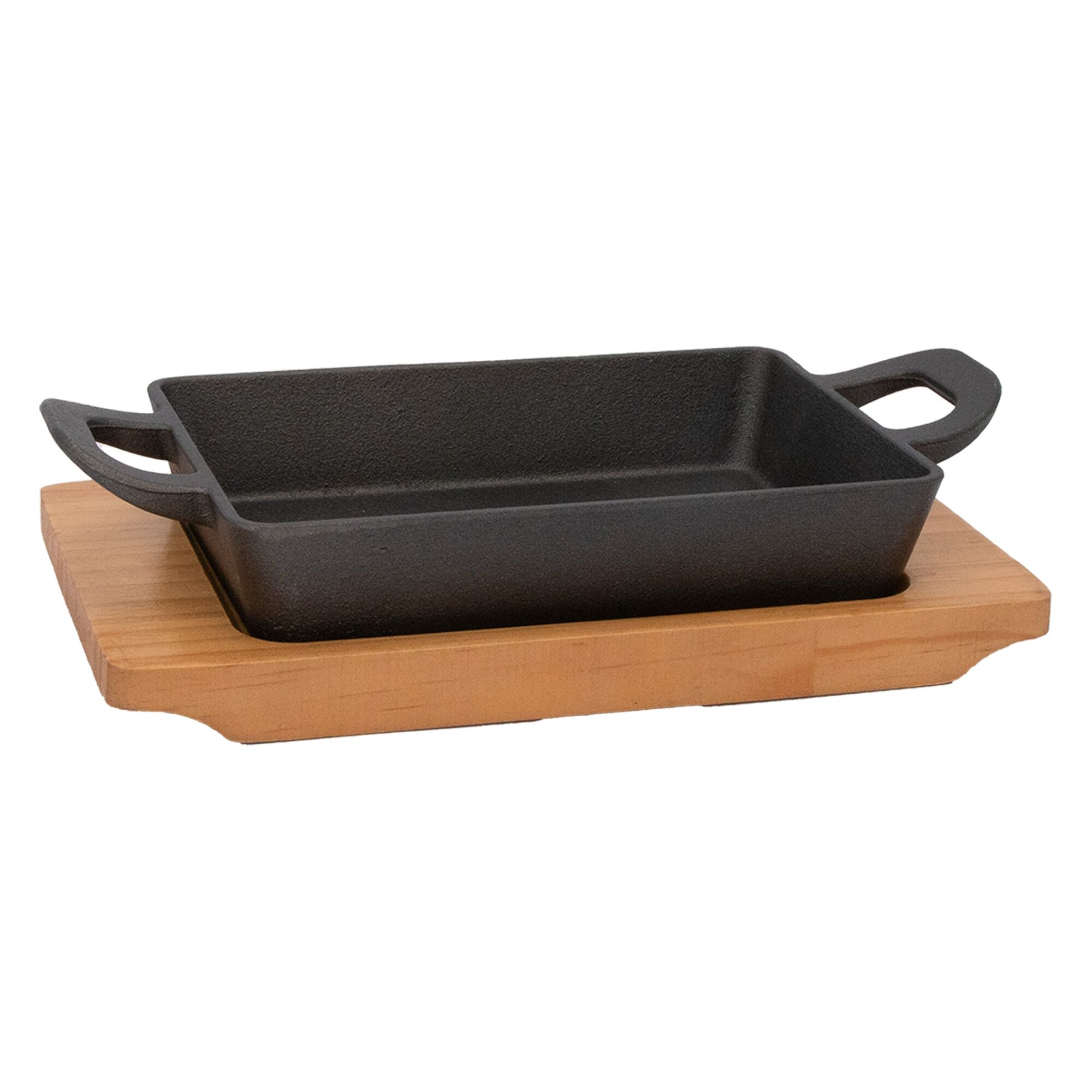 REGENT COOKWARE CAST IRON RECTANGULAR PAN WITH 2 HANDLES ON A WOODEN BOARD, 215X125X65MM