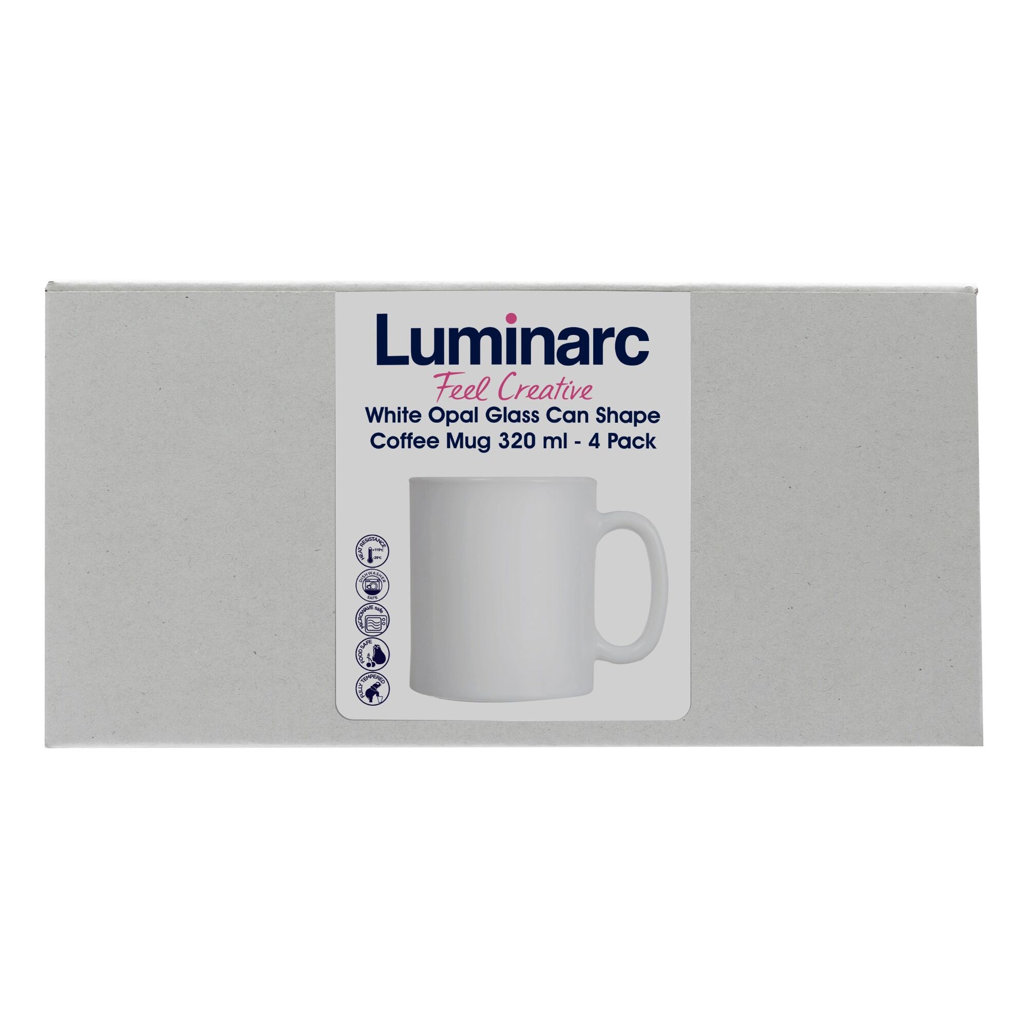 LUMINARC WHITE OPAL GLASS CAN SHAPE COFFEE MUG 4PK, 320ML