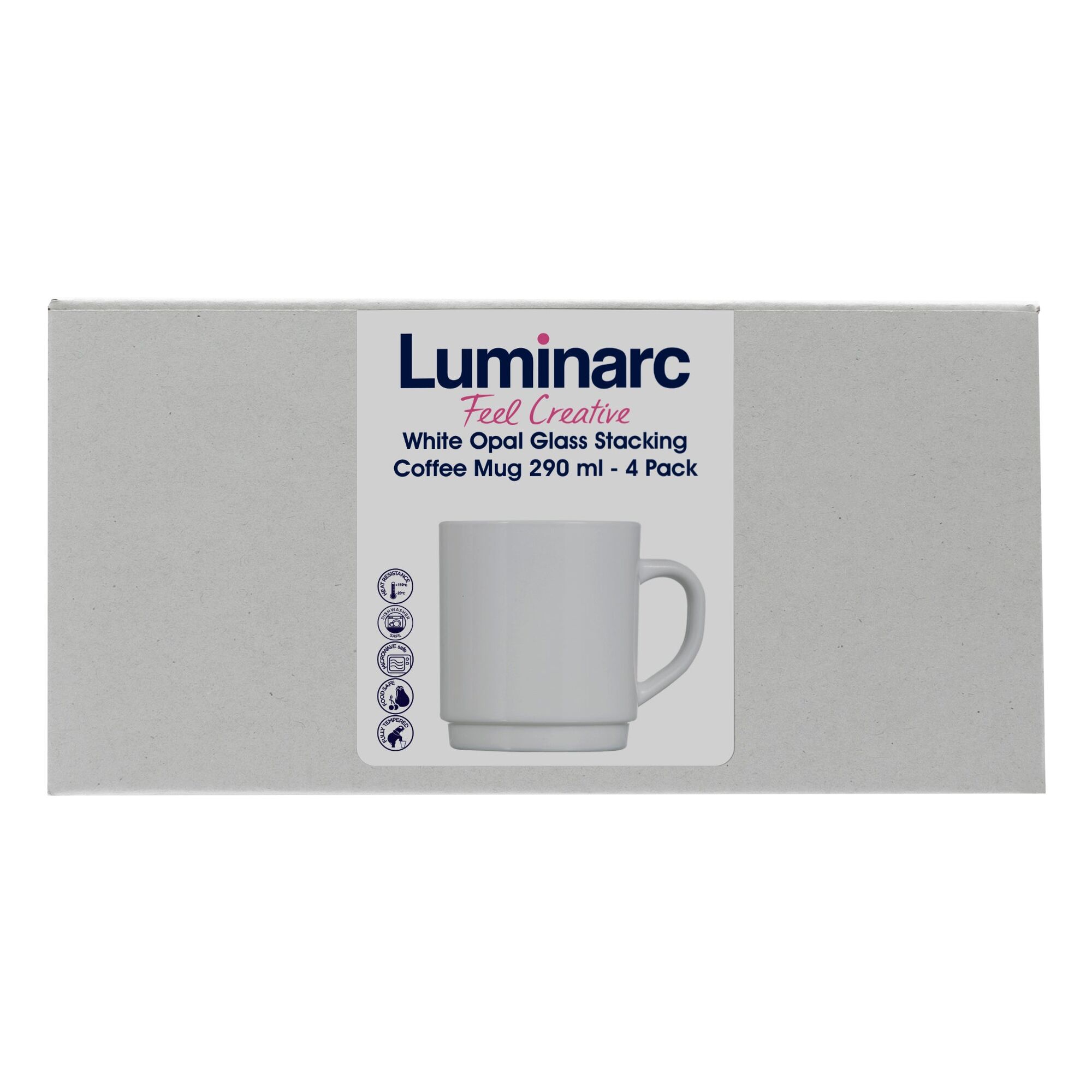 LUMINARC WHITE OPAL GLASS STACKING COFFEE MUG 4PK, 290ML