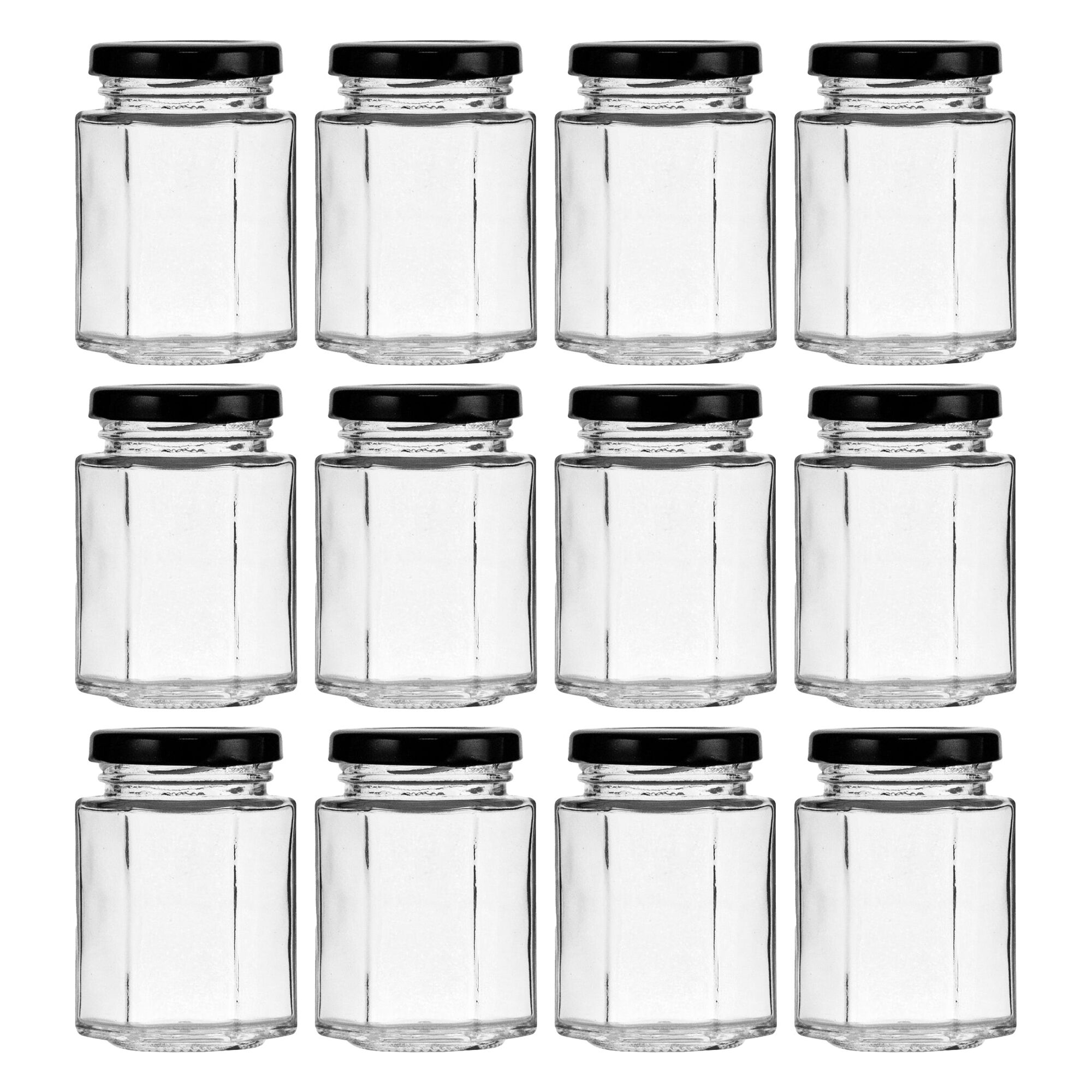 REGENT GLASS HEXAGONAL JAR WITH BLACK LID 12PK, 130ML