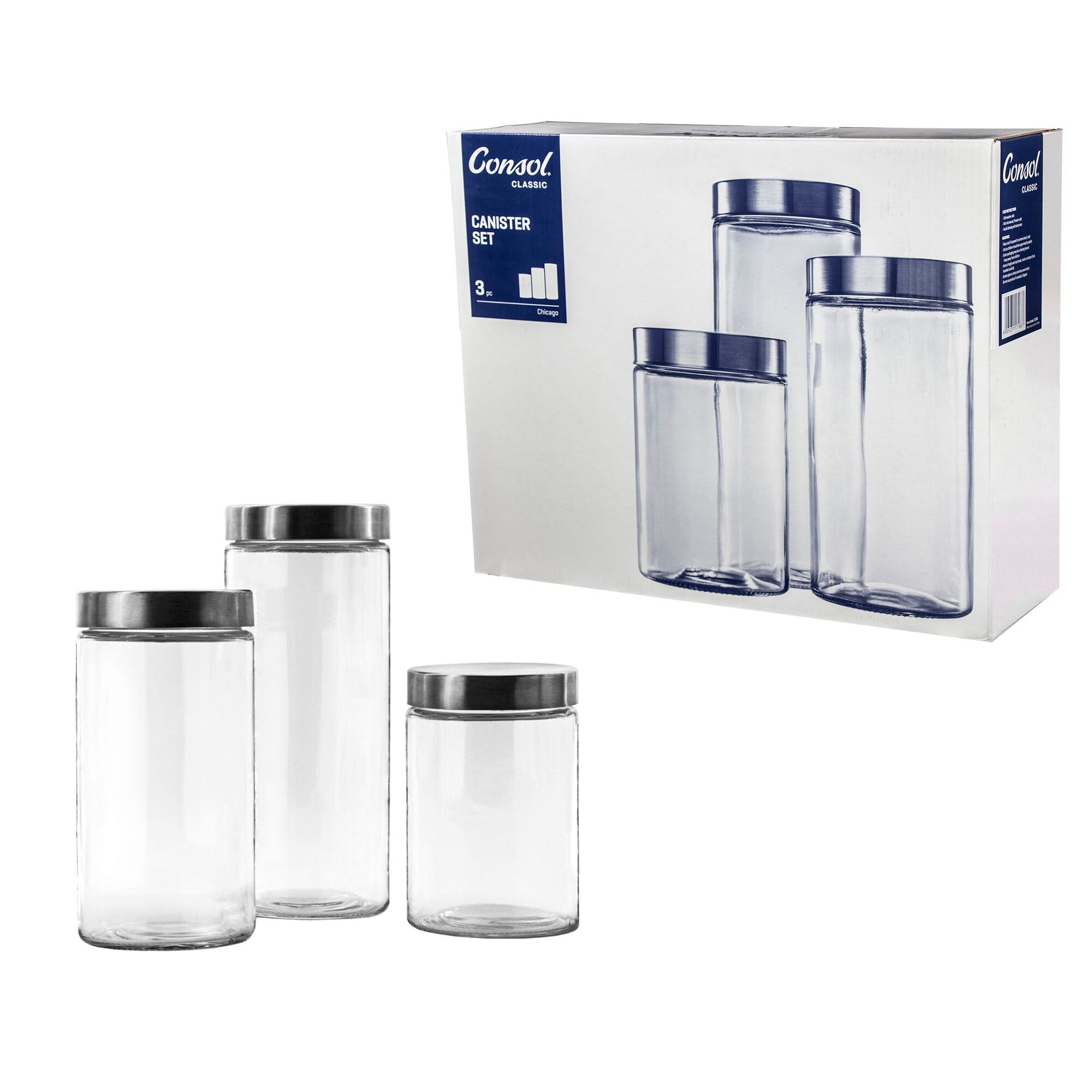 CONSOL CHICAGO CANISTERS WITH STAINLESS STEEL LIDS 3PK SET
