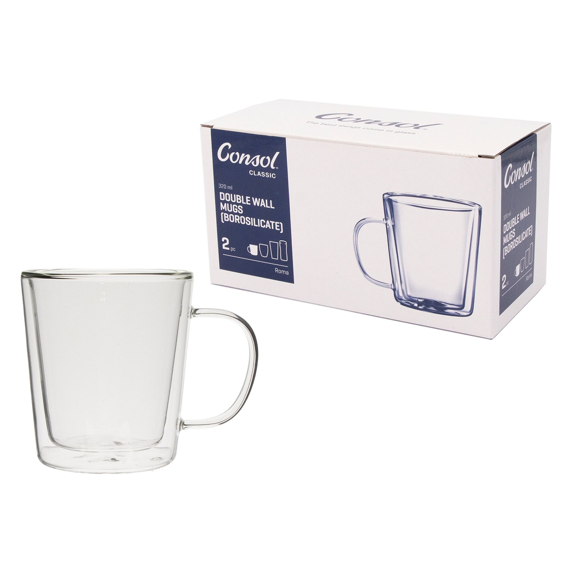 CONSOL ROMA DOUBLE WALL BOROSILICATE GLASS COFFEE MUG 2PK, 320ML