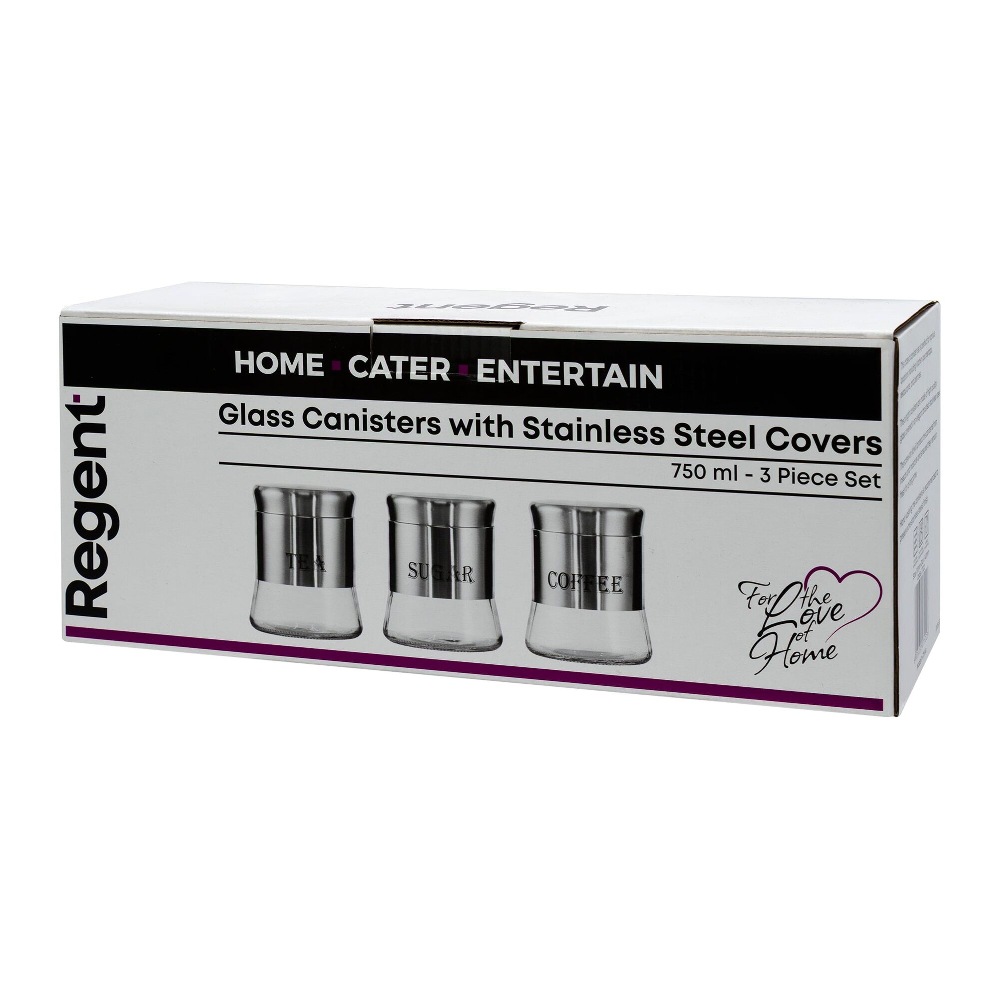 REGENT ROUND GLASS CANISTERS (T, C, S) WITH ST.STEEL COVERS 3PK SET, 750ML