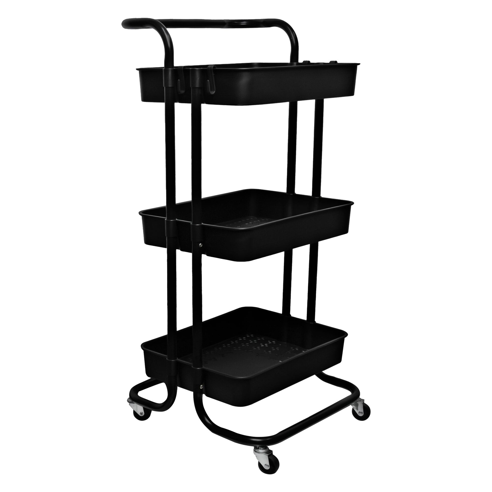 STORAGE RACK 3 PLASTIC SHELVES ON METAL FRAME BLACK/WHITE/GREY ON CASTERS, 405X390MM