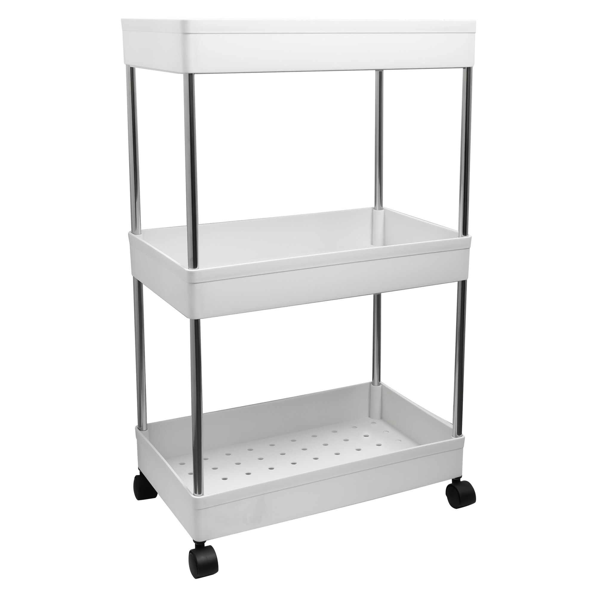 STORAGE RACK 3 SHELF WHITE ON SWIVEL WHEELS PP PLASTIC AND ST STEEL, 400X200MM
