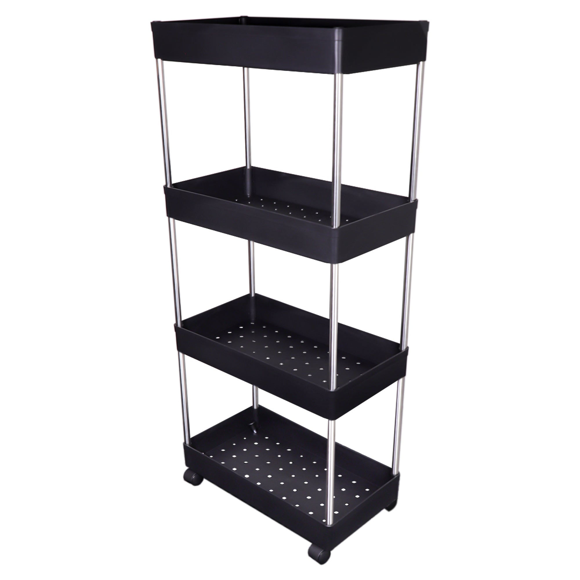STORAGE RACK 4 SHELF BLACK ON SWIVEL WHEELS PP AND ST STEEL, 400X200MM